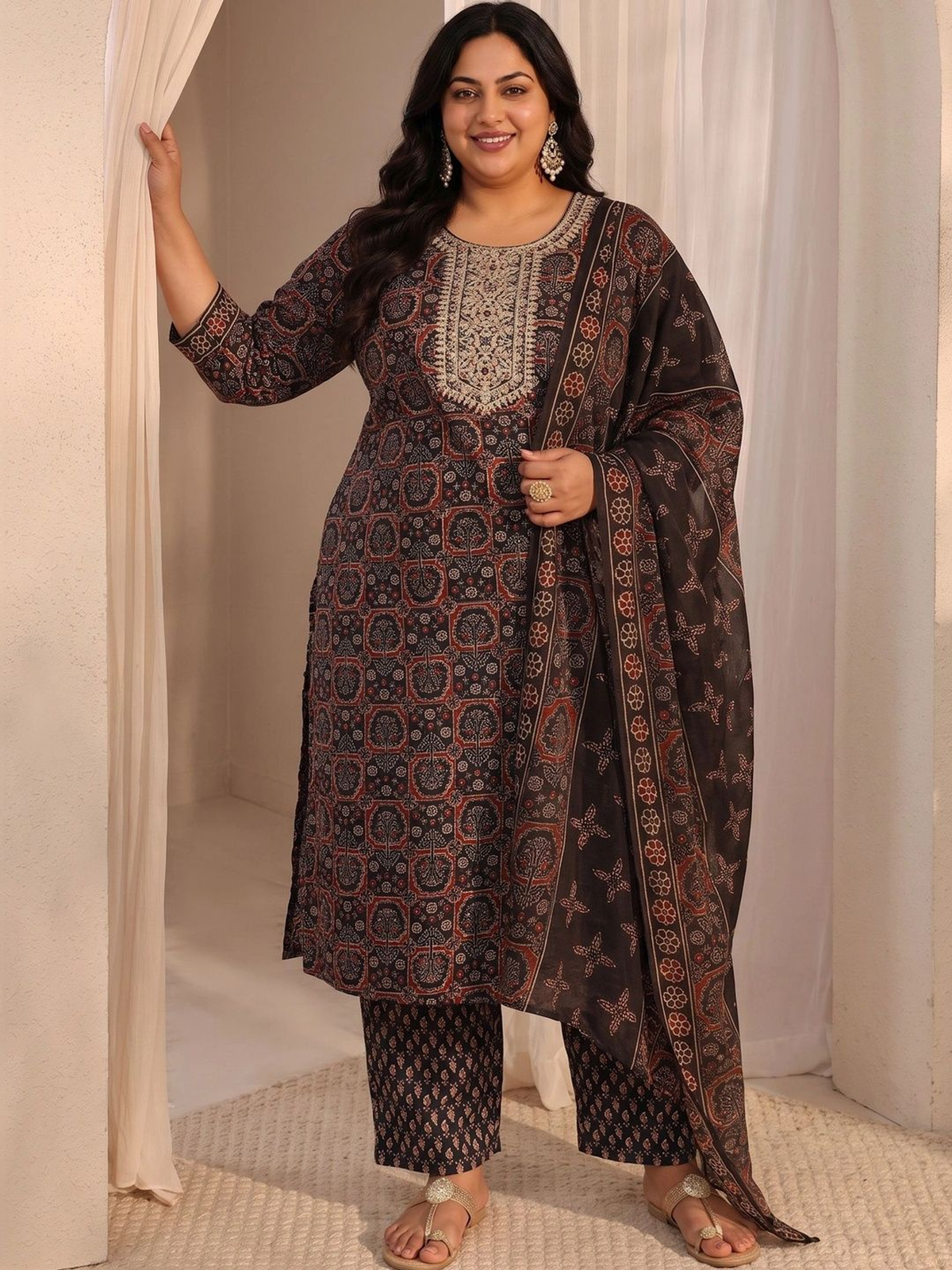 Black Printed Cotton Blend Kurta Set with Trousers & Dupatta aromie