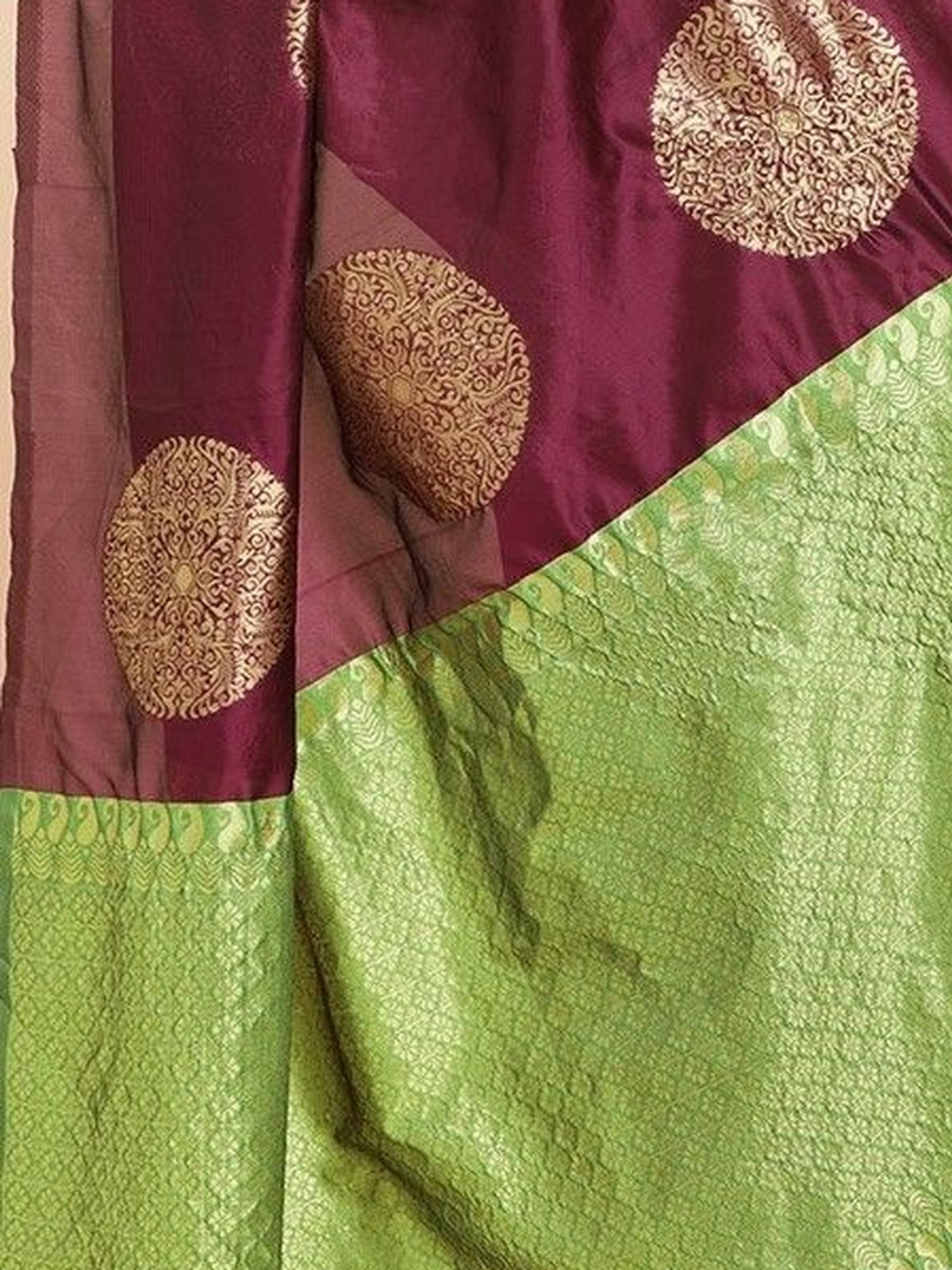 Burgundy & Green Muga Silk Blend Saree with Zari Woven Border
