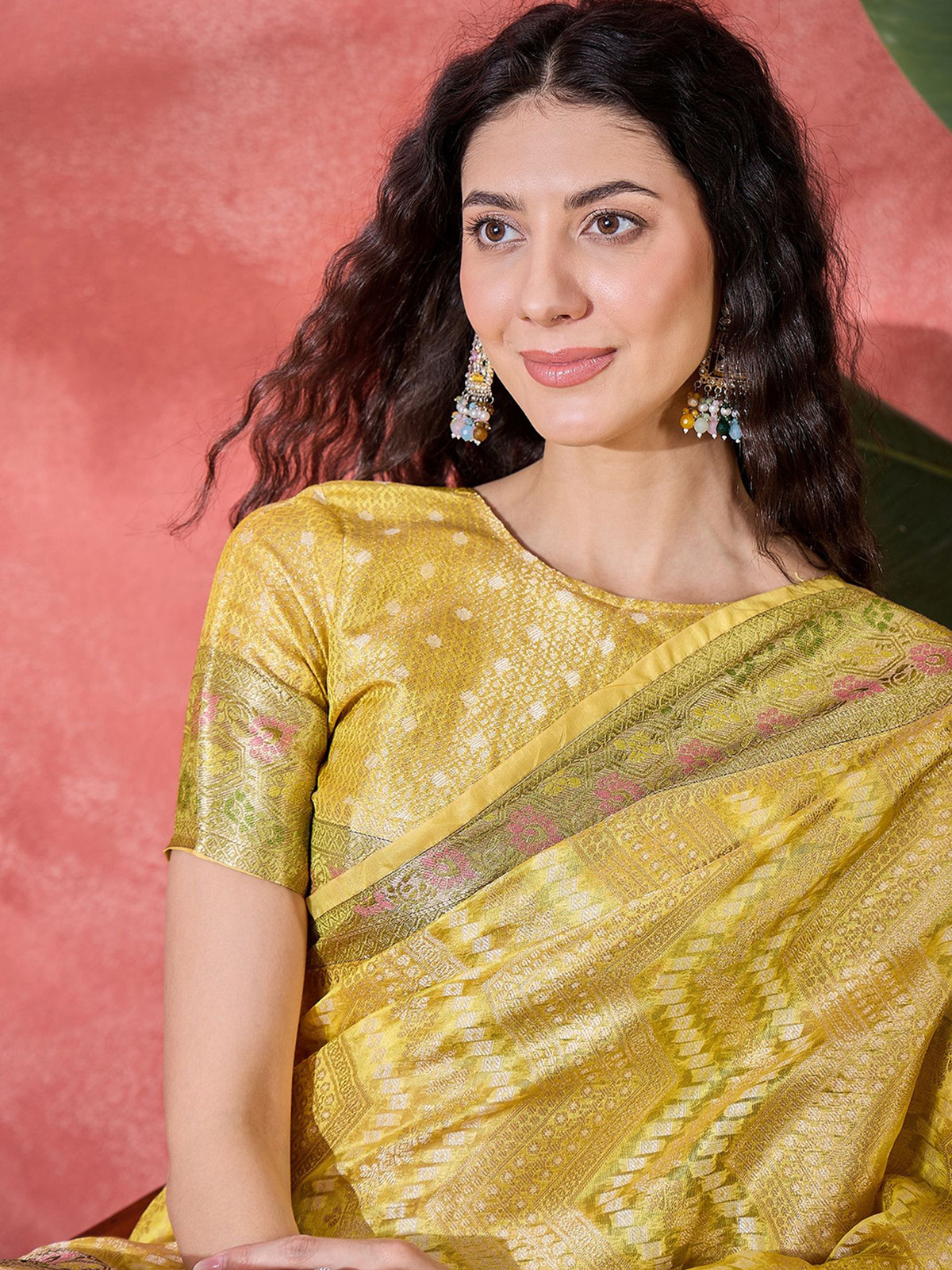 Yellow Silk Blend Saree with Ethnic Motif Weave & Zari Border