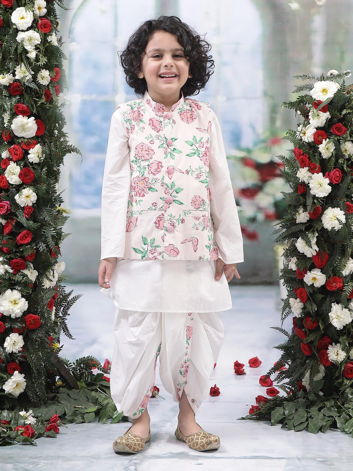 Baby Pink Floral Butterfly Nehru Jacket with Cotton Kurta Dhoti Set