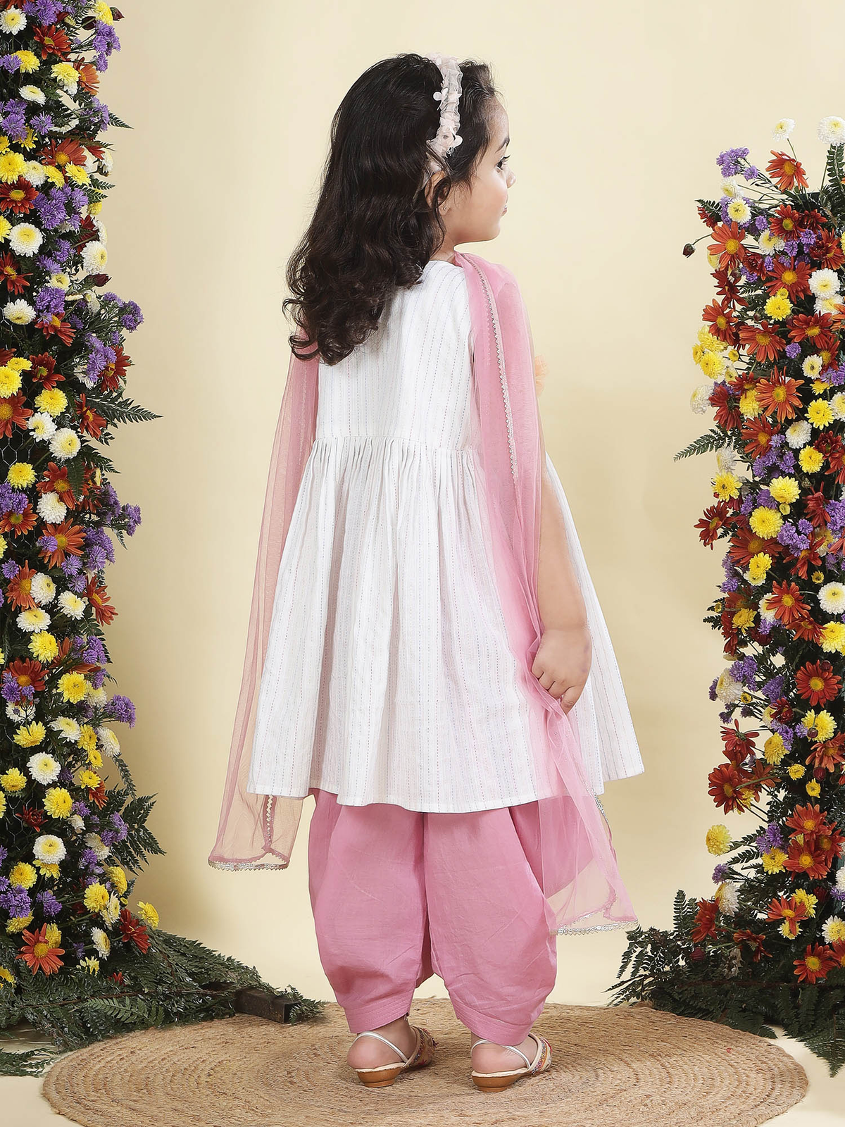Multi Color Striped Floral handwork Cotton Kurta Salwar Set