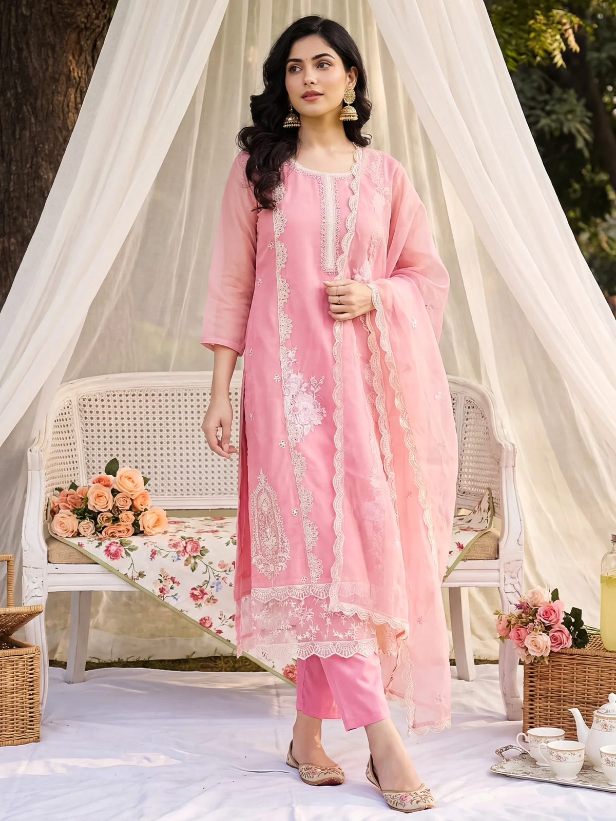 Pink Embroidered Organza Straight Suit Set with Trousers & Dupatta