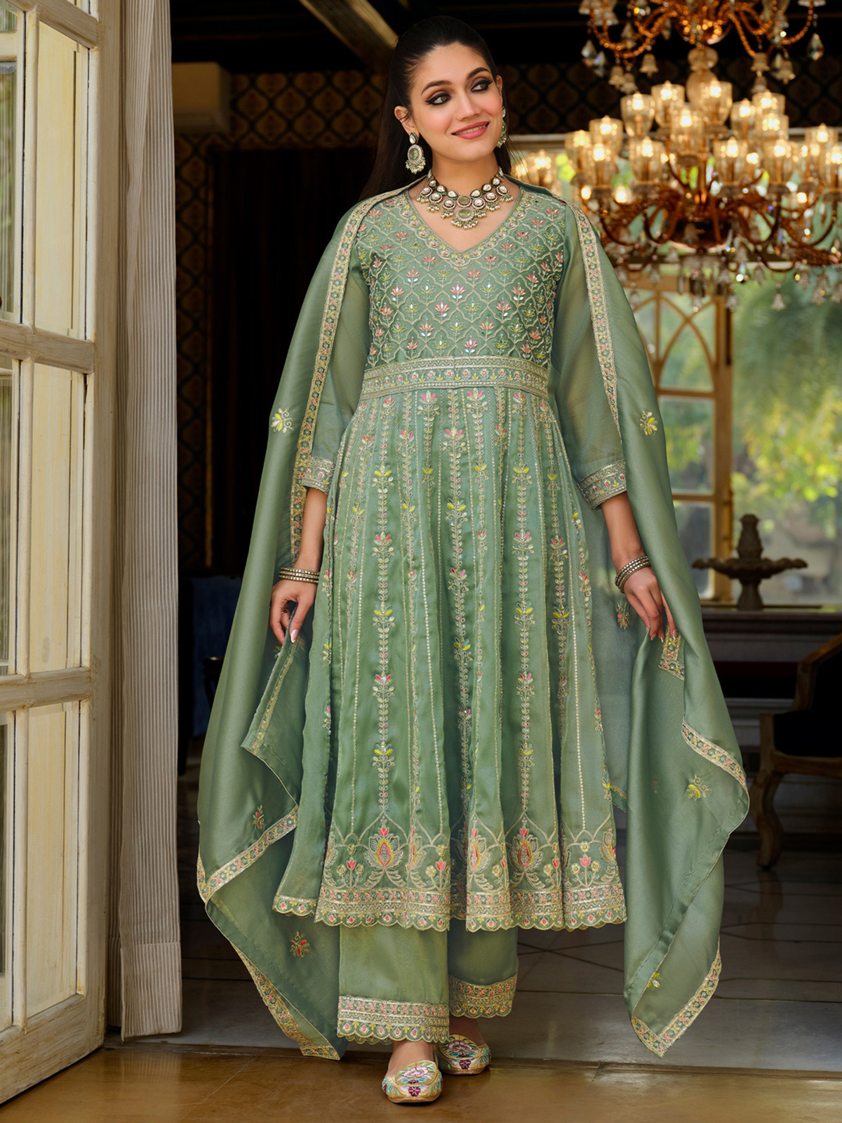 Green Embroidered Anarkali Kurta Set with Trousers & Dupatta