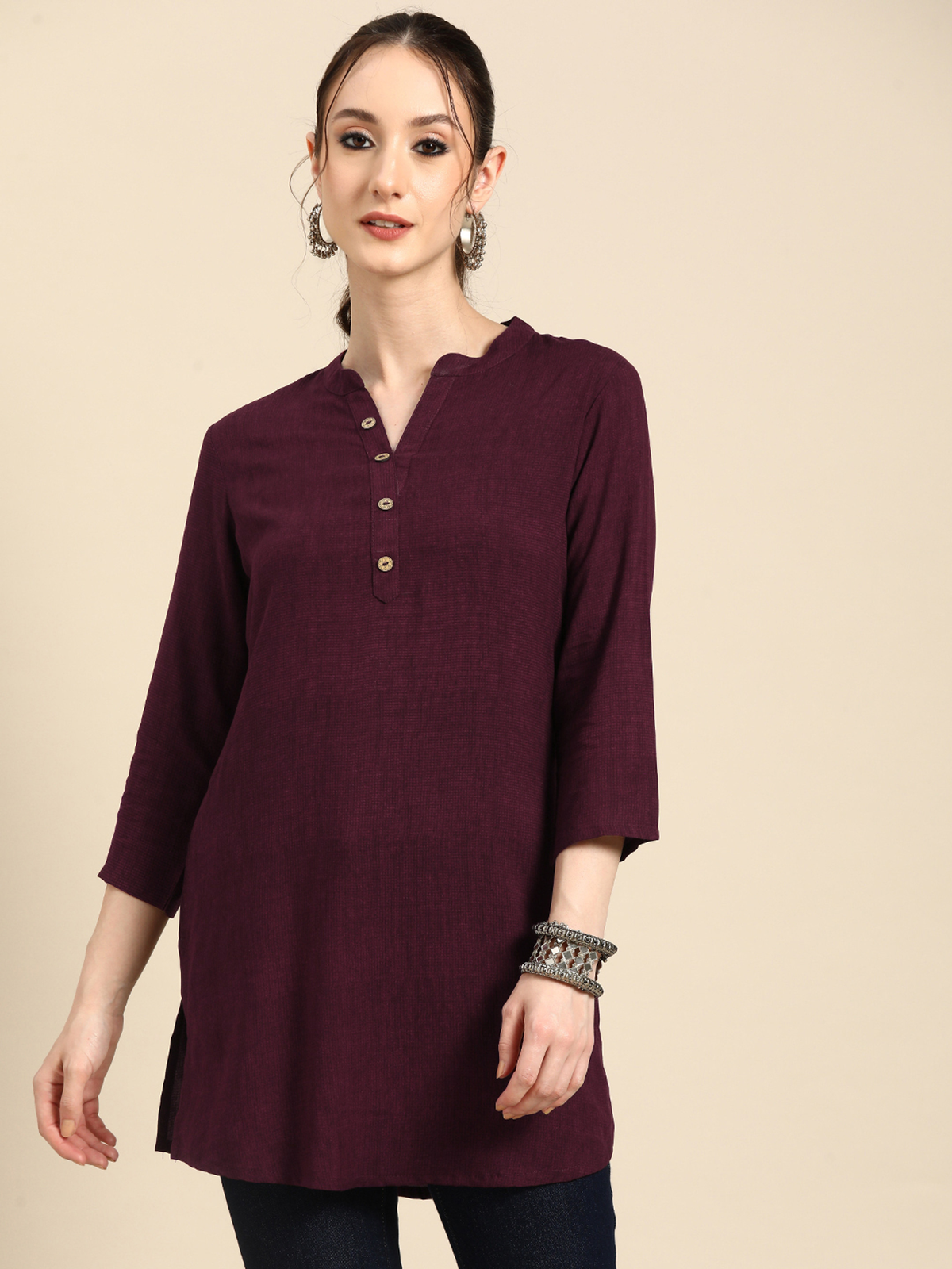 Women’s Burgundy Abstract Print Rayon Short Kurti AROMIE.STORE