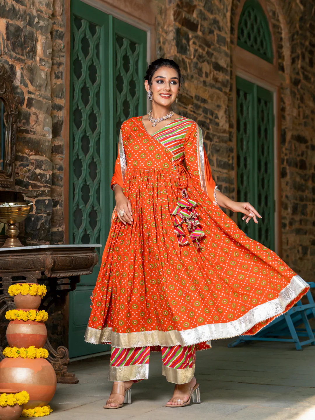 Orange Cotton Festive Suit Set with Palazzo & Dupatta