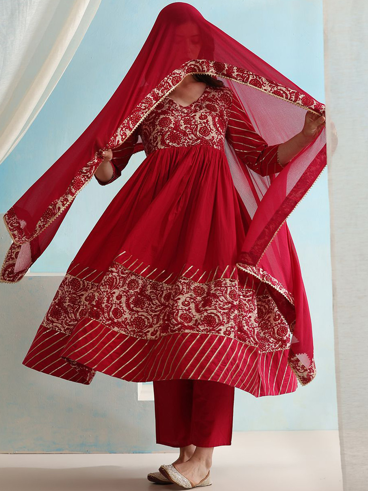 Floral Printed V-Neck Anarkali Kurta with Palazzos & Dupatta