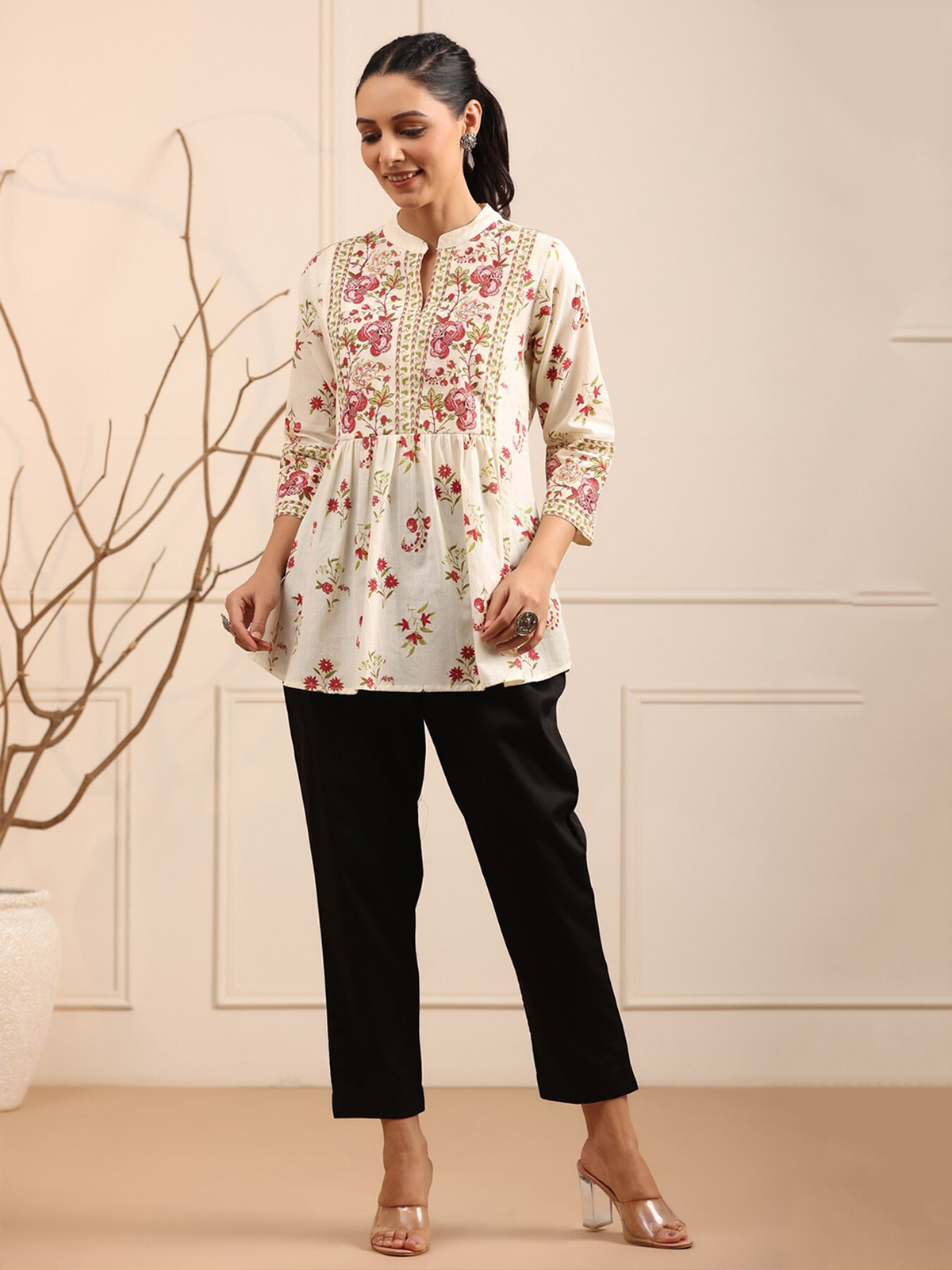 Women’s Cream & Red Floral Print Cotton A-Line Kurti AROMIE.STORE