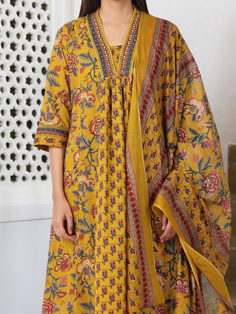 Comfy Mustard Pure Cotton Floral Print Anarkali fit kurta set with dupatta