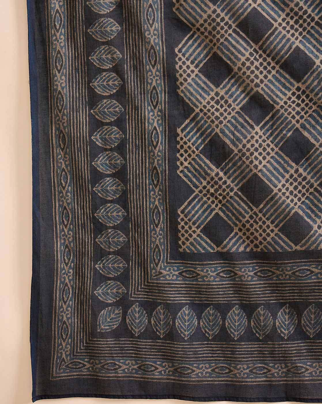 Aromie Embroidered Georgette Anarkali Kurta three piece set navy fabric with beige leaf border and lattice embroidery