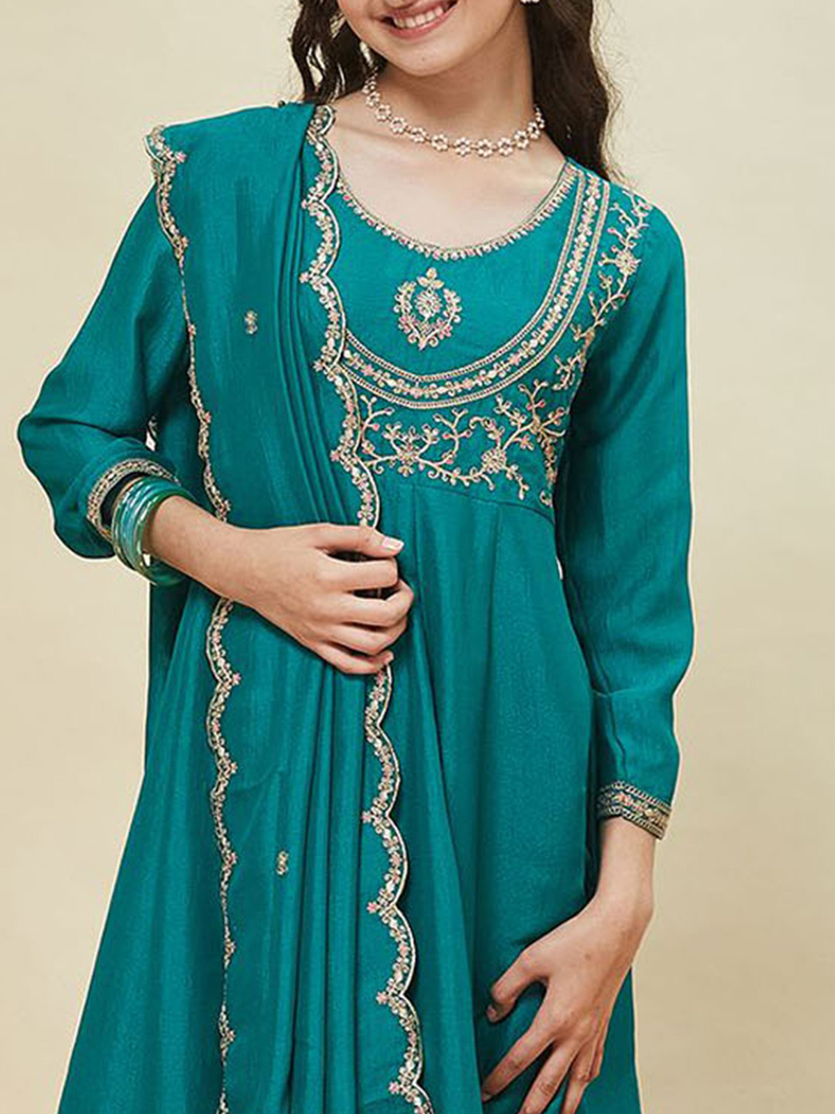 Girls Silk Embroidered Anarkali Kurta and Pant Set with Dupatta