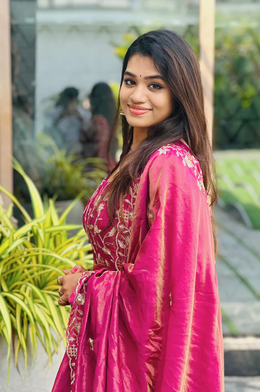 Beetroot Pink Zari Tissue Embroidered Anarkali with Scalloped Dupatta