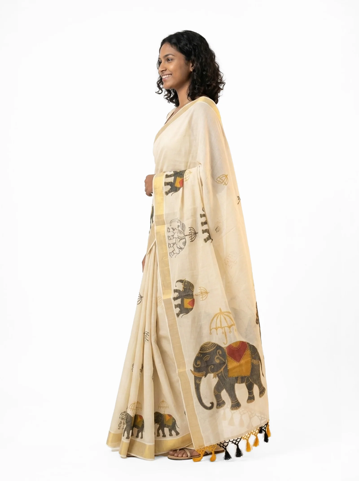 Caparisoned Elephant & Ceremonial Umbrella Digital Print, Gold Zari Border & Tassel Pallu