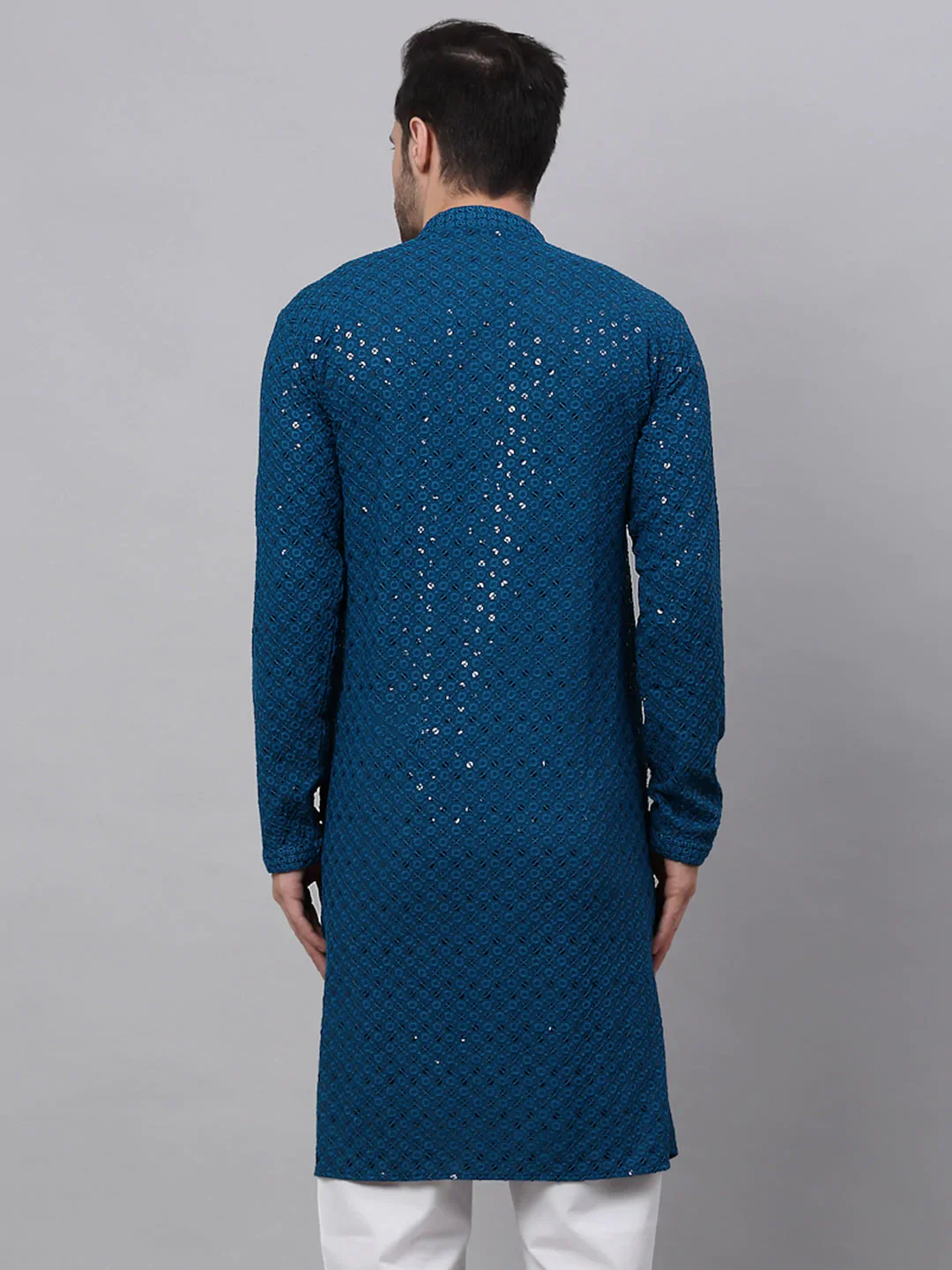 Men Blue Chikankari Embroidered and Sequence Kurta Only