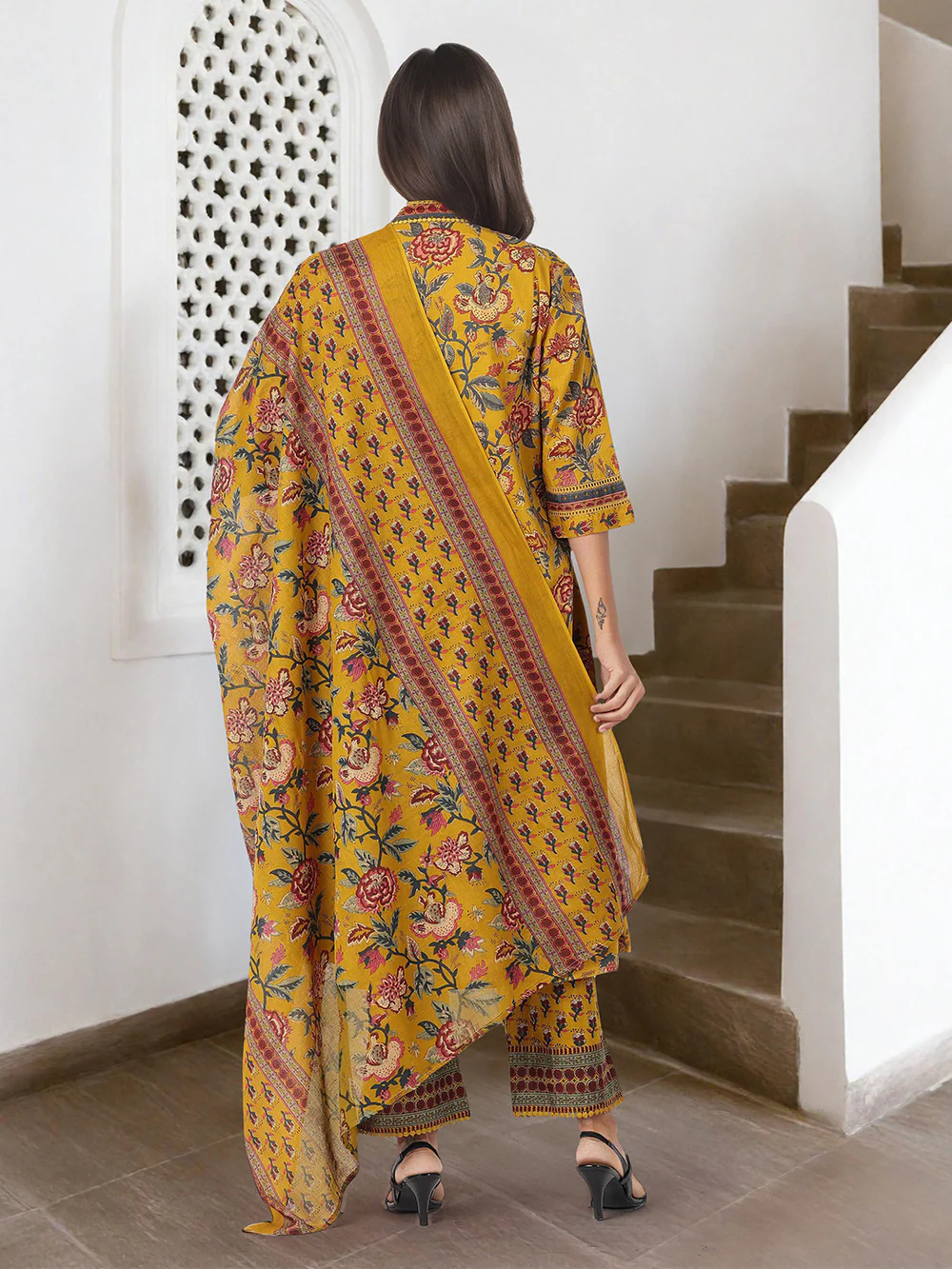 Comfy Mustard Pure Cotton Floral Print Anarkali fit kurta set with dupatta