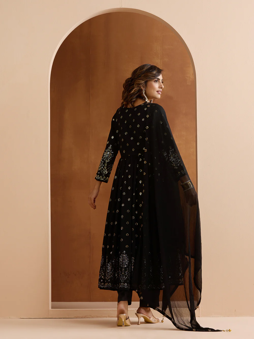 Graceful Black poly georgette foil embossed anarkali fit kurta set with dupatta
