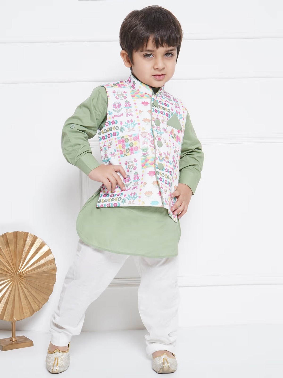 Boys Peach Printed Kurta with Dhoti and Jacket (Set of 3) (Copy)