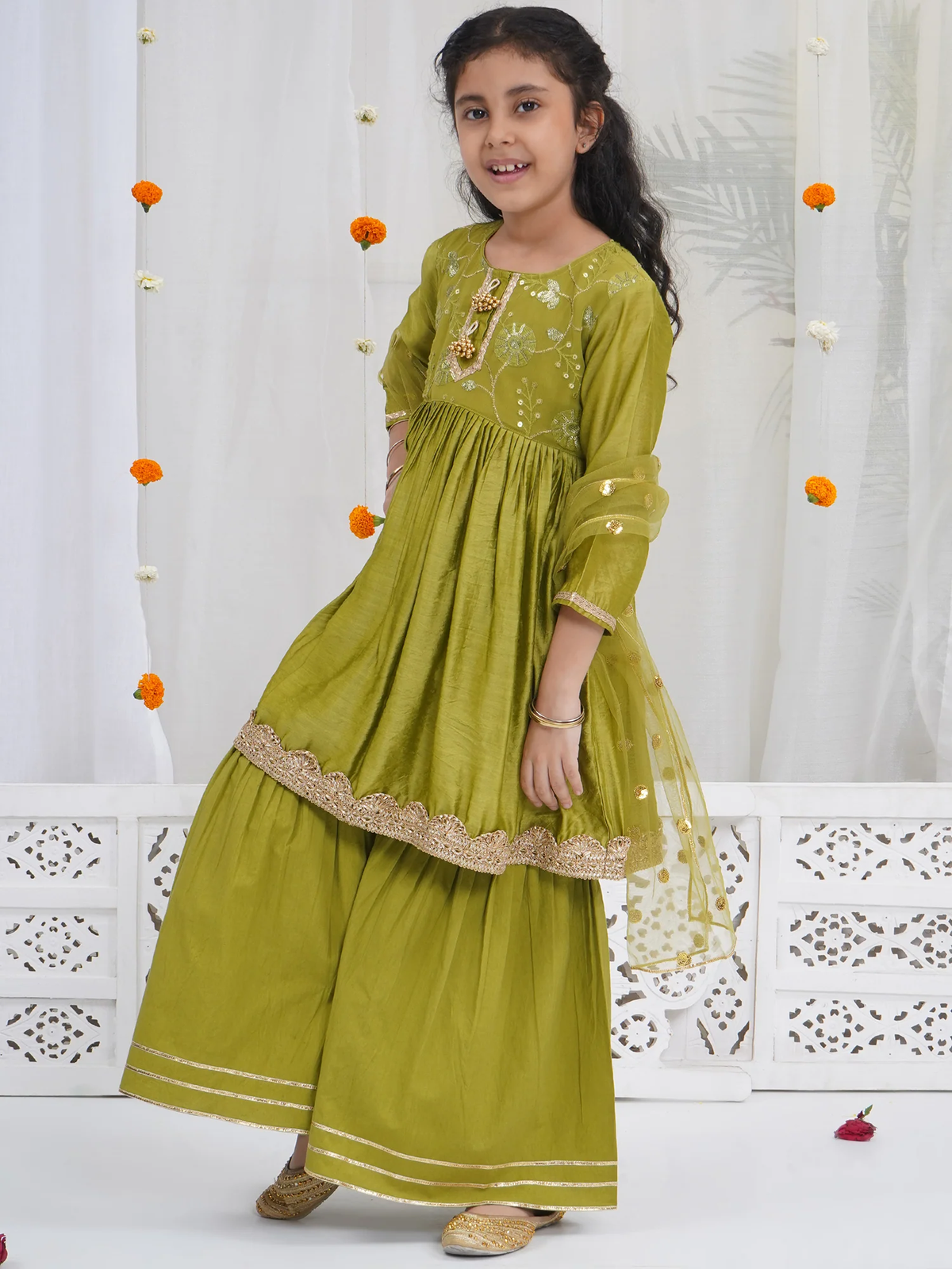 Girls Mehendi Green Chanderi Silk Floral Embroidery Kurta Sharara Set with Dupatta & Cotton Lining