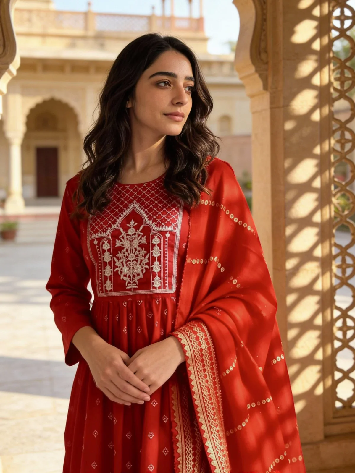 Chanderi Embroidered Anarkali Calf Length Kurta and Pant With Dupatta