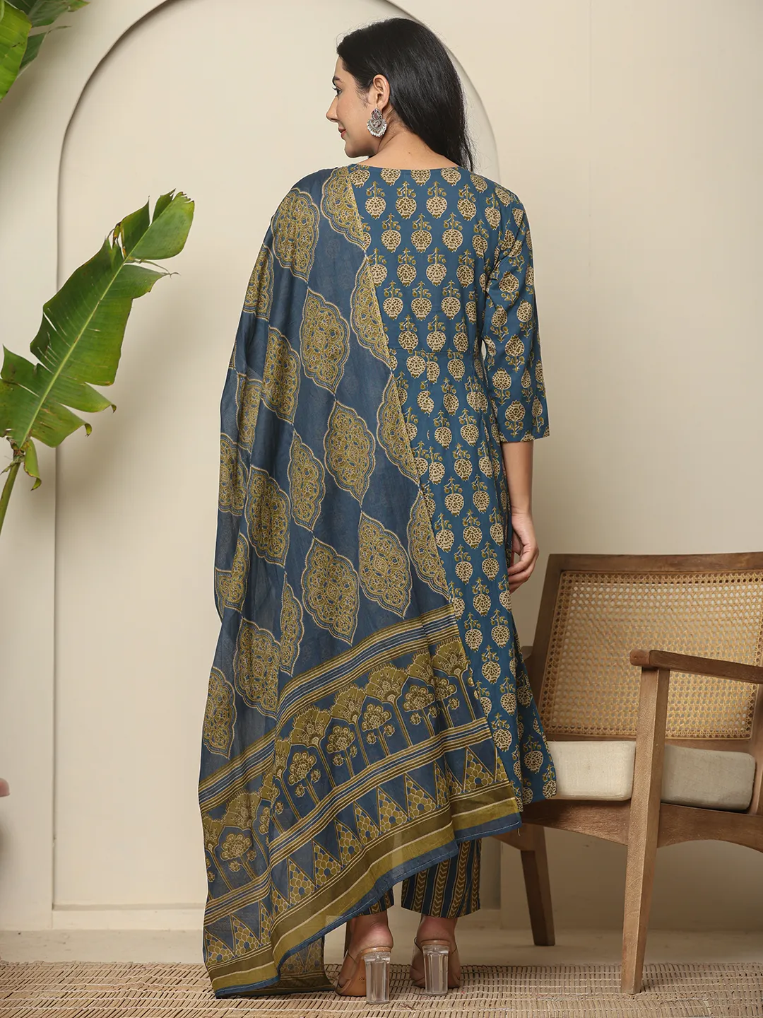 Blue Floral Printed Pure Cotton Maternity Kurta Set with Trousers & Dupatta