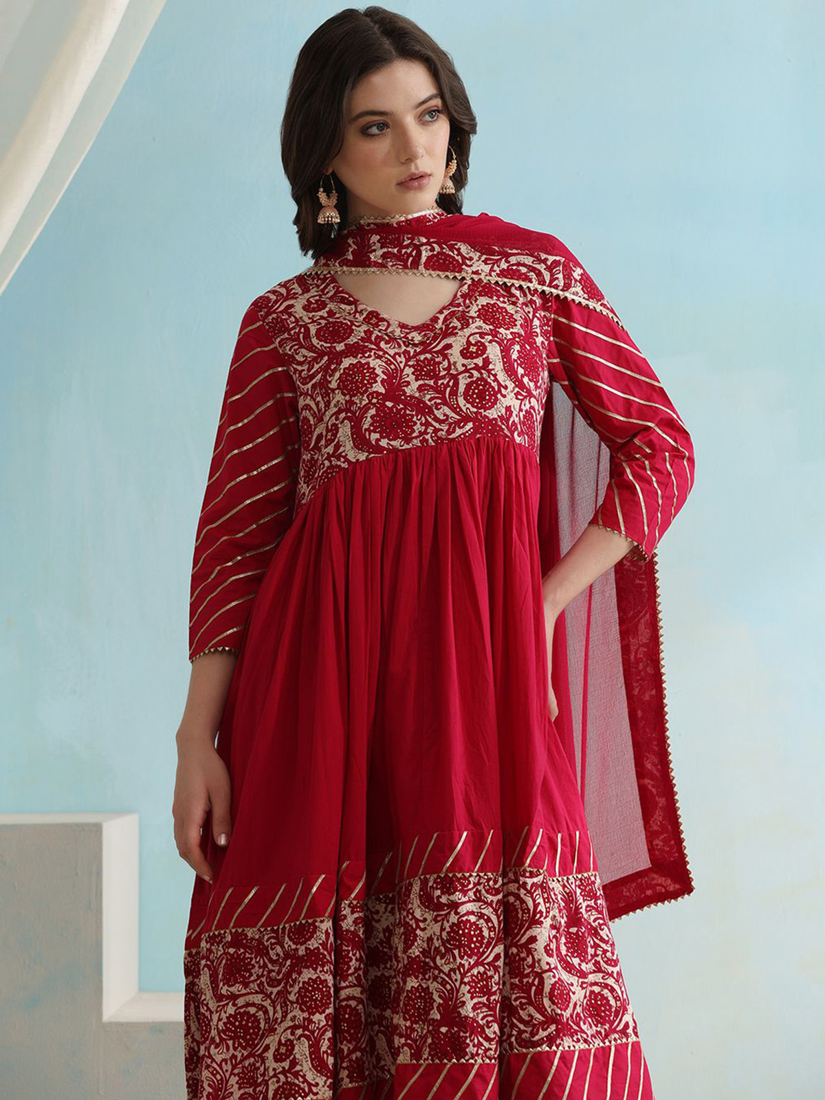 Floral Printed V-Neck Anarkali Kurta with Palazzos & Dupatta