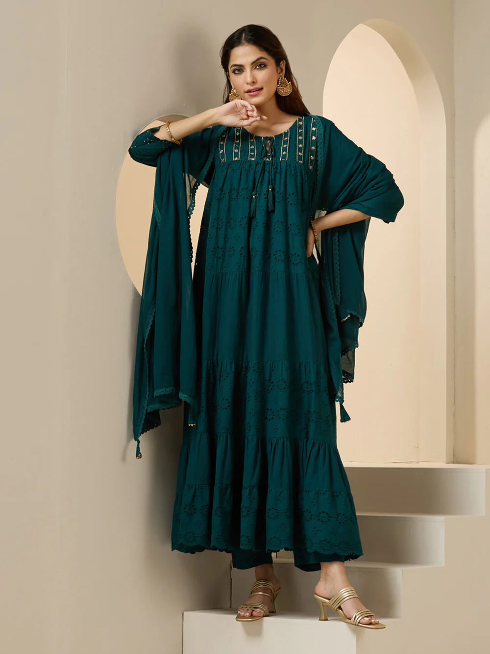 Graceful Green Cotton Blend Schiffli Zari Embroidery Tiered Fit kurta set with dupatta