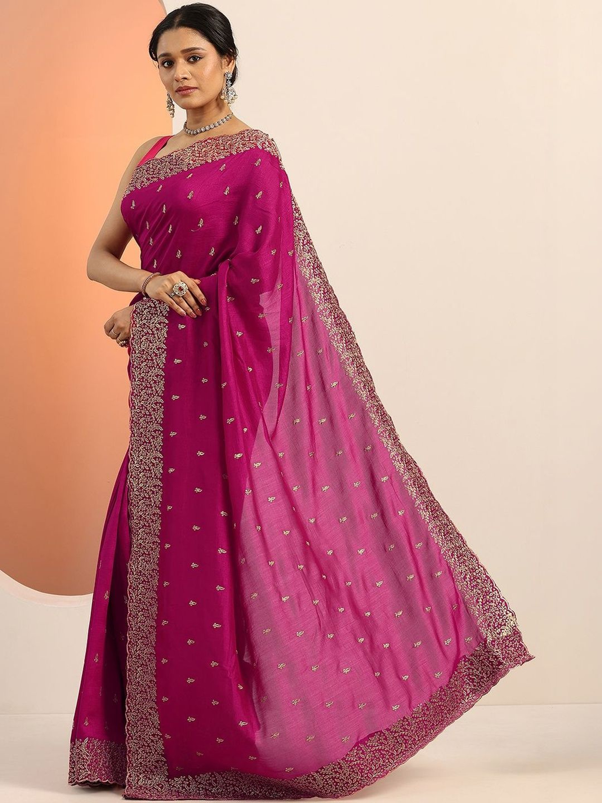 Magenta Embroidered Silk Blend Saree with Blouse Piece aromie