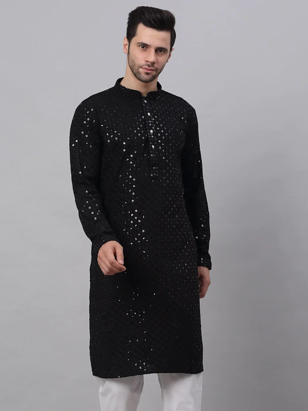 Men Black Chikankari Embroidered and Sequence Kurta Only