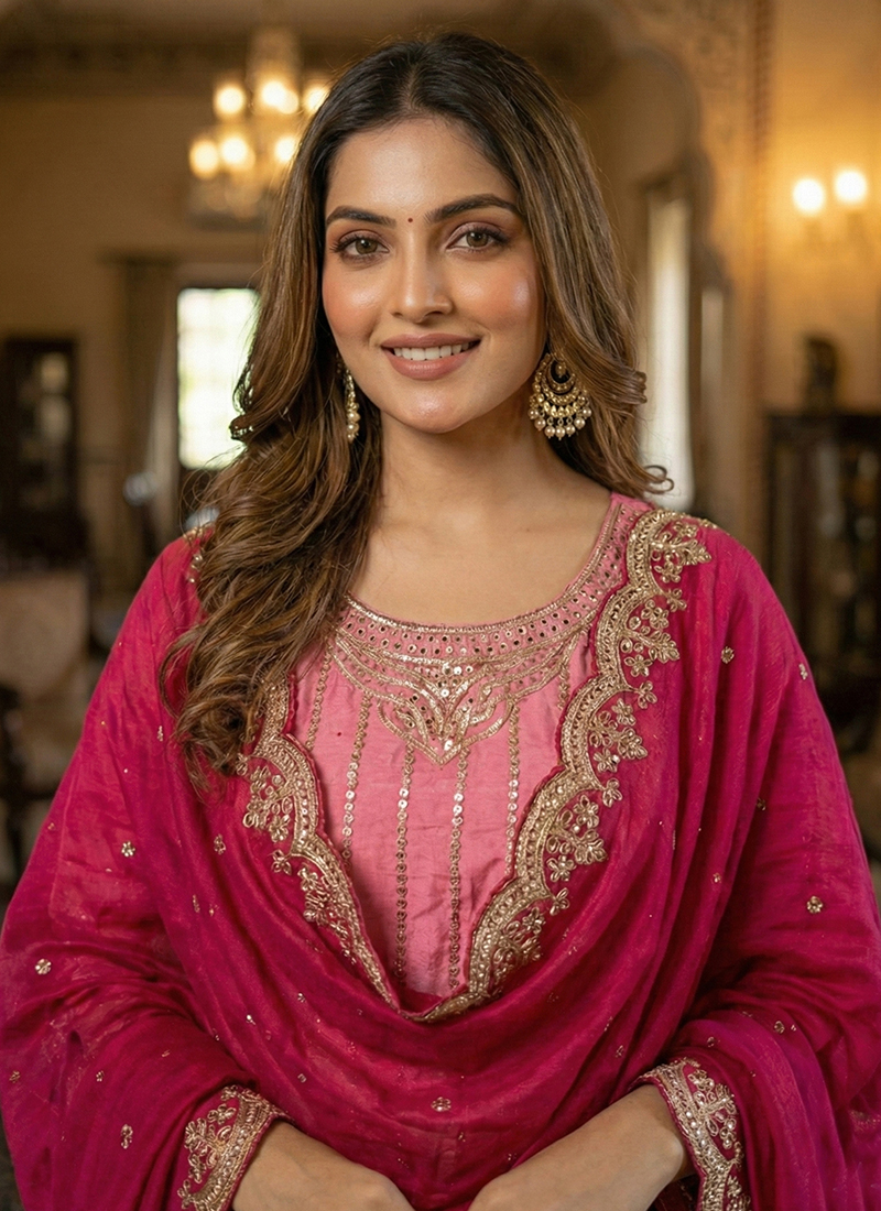 Pink Chinon Embroidered Palazzo Suit