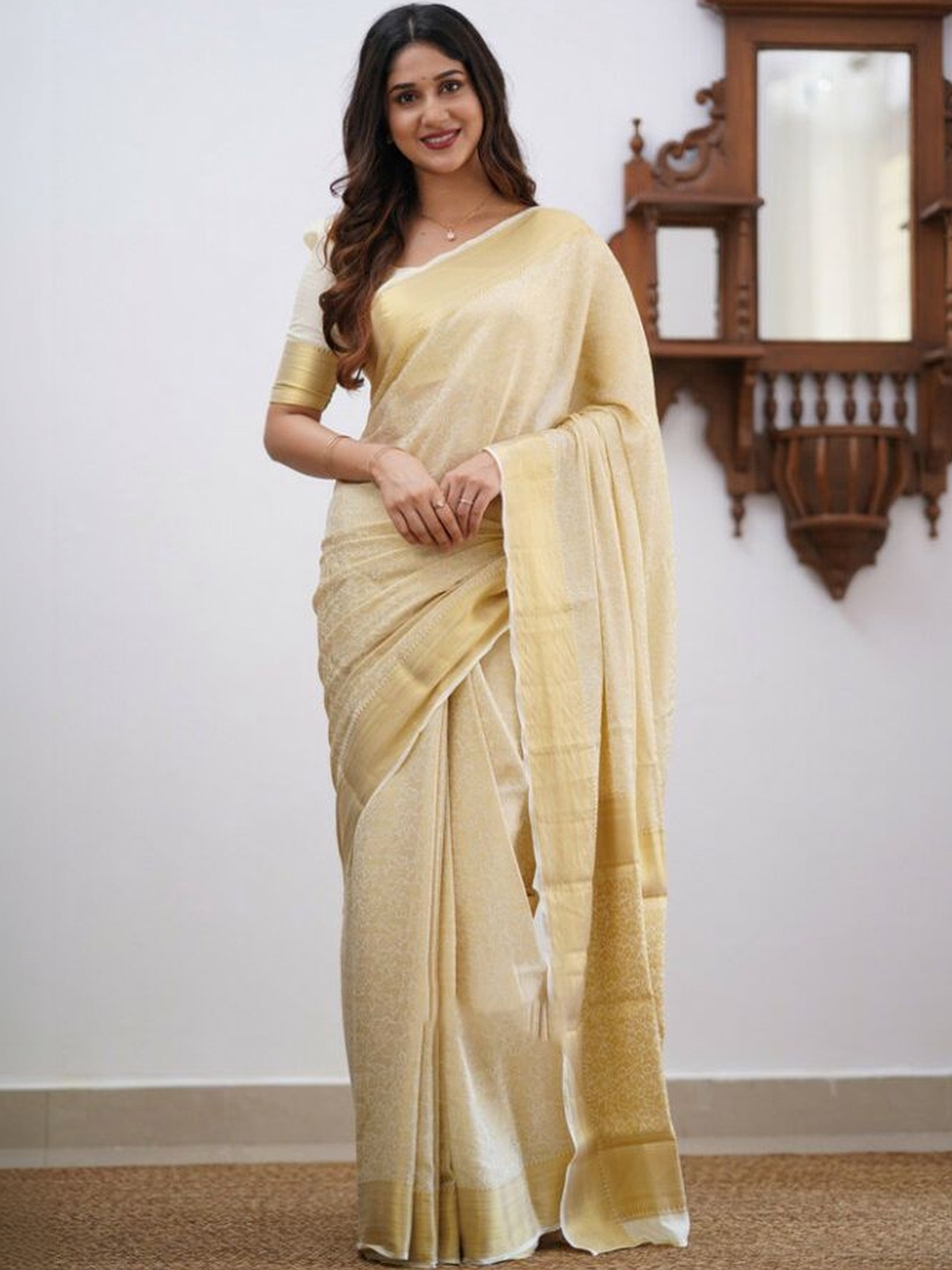 Cream Banarasi Zari Silk Saree with Woven Design & Zari Border