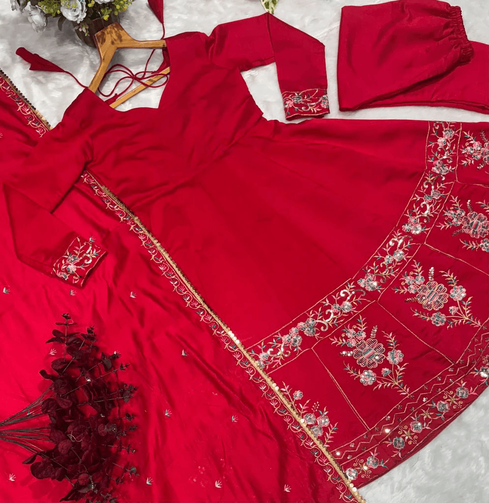 Red Roman Silk Anarkali Suit Set with Heavy Embroidery & Sequin Work