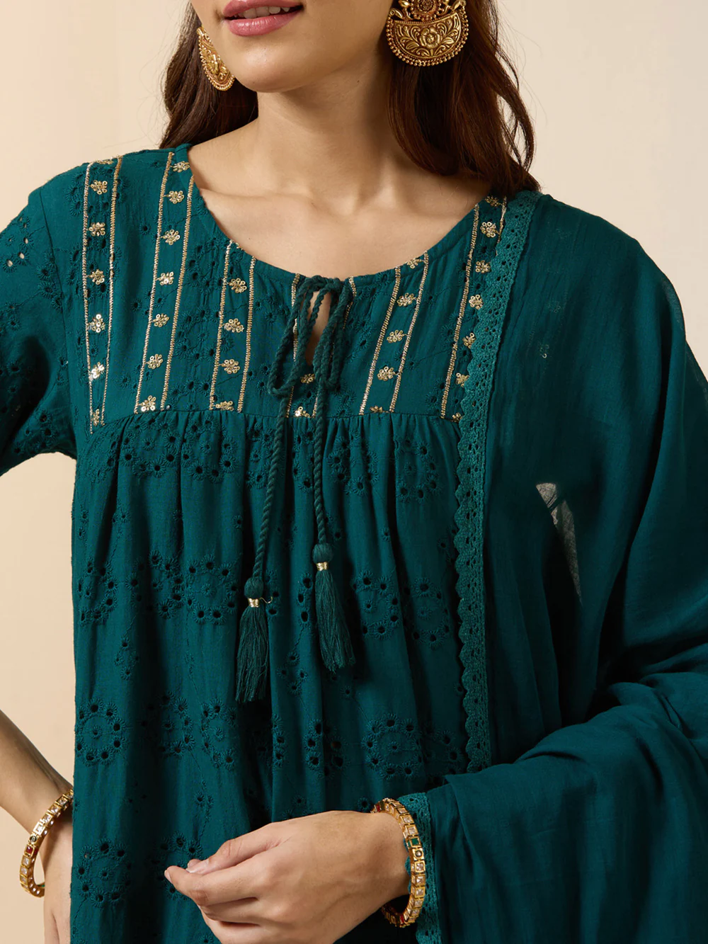 Graceful Green Cotton Blend Schiffli Zari Embroidery Tiered Fit kurta set with dupatta