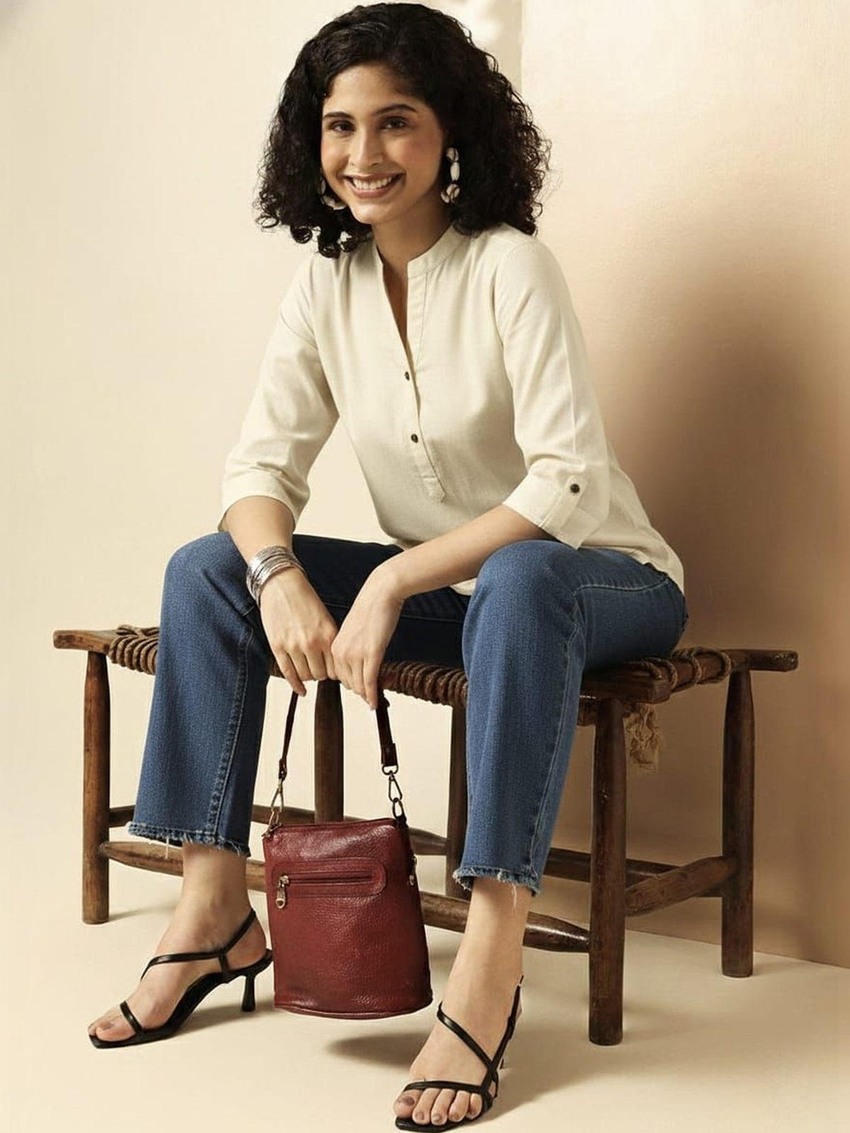 Women’s Beige Straight Kurti with Mandarin Collar AROMIE.STORE
