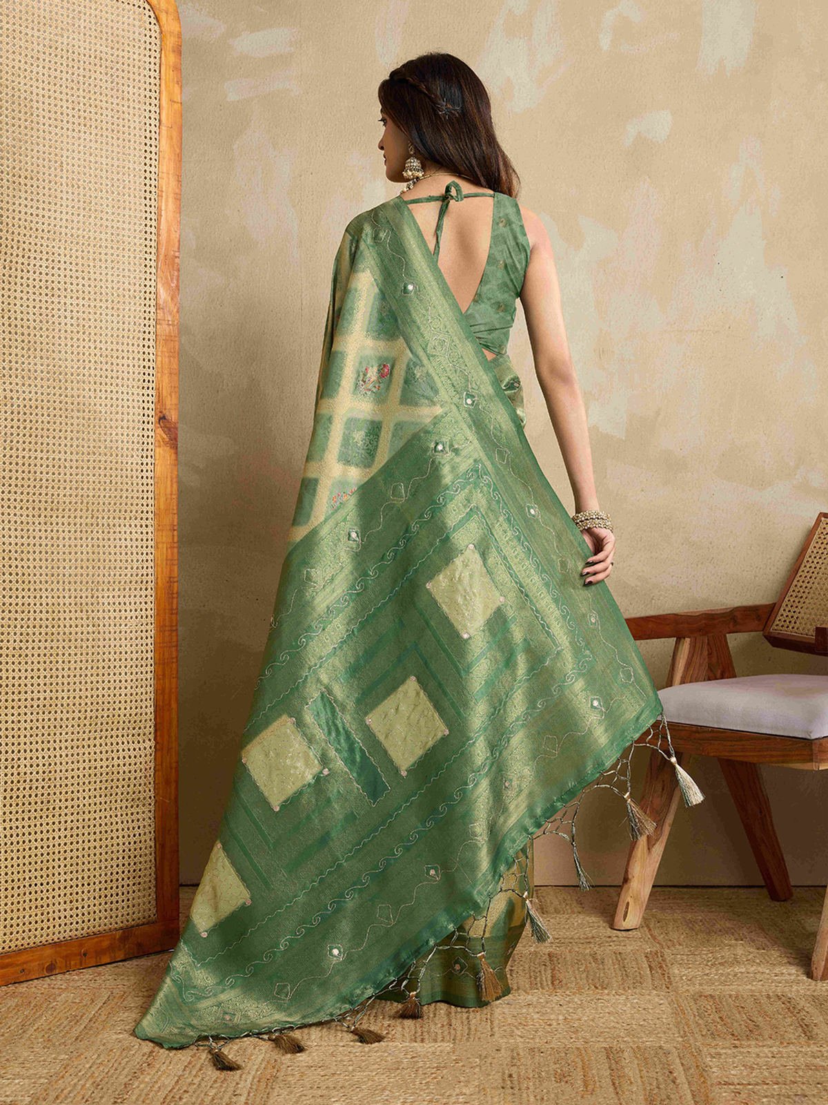 Green & Beige Banarasi Art Silk Saree with Aari Work & Woven Border