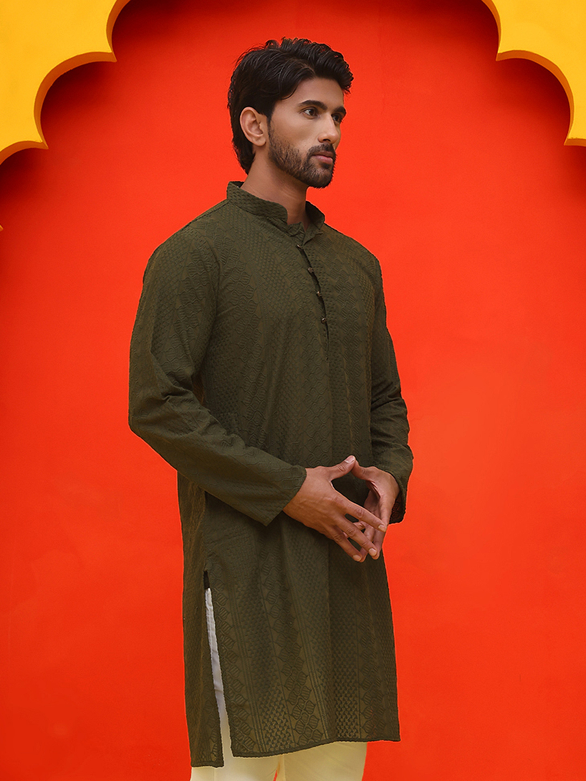 Men’s Olive Green Chikankari Cotton Kurta AROMIE | Affordable Indian Clothes & Dresses in Canada