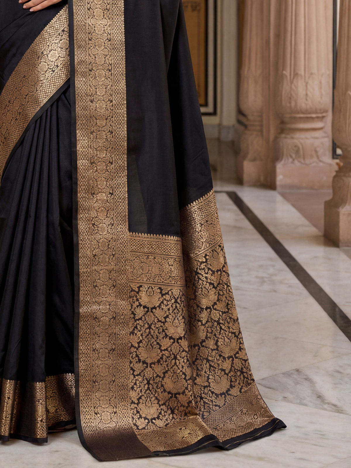 Black Banarasi Silk Blend Saree with Zari Woven Border