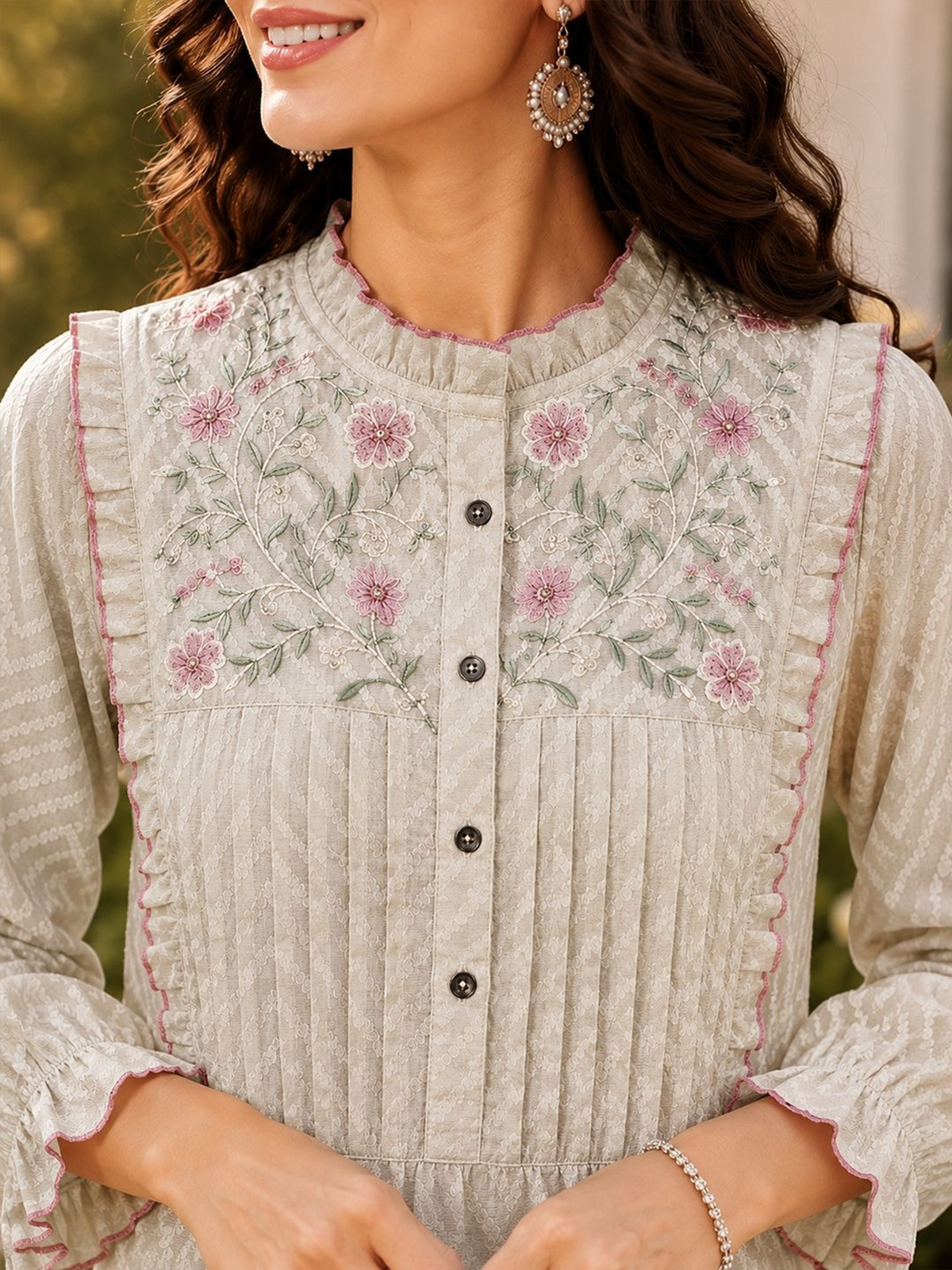 Women’s Cream Tunic with Embroidered Yoke AROMIE.STORE