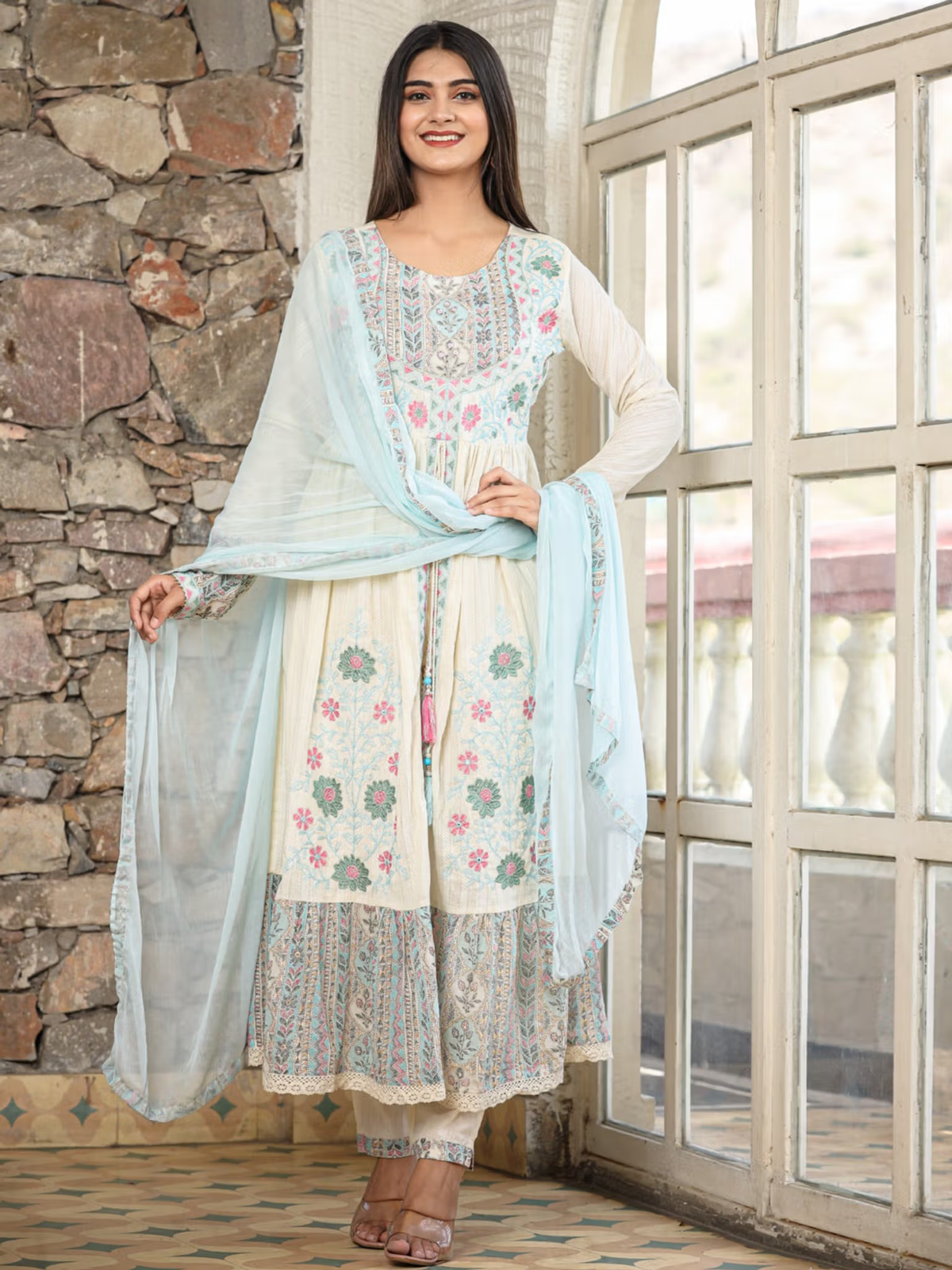 Floral Anarkali Kurta Pants Set with Dupatta | M