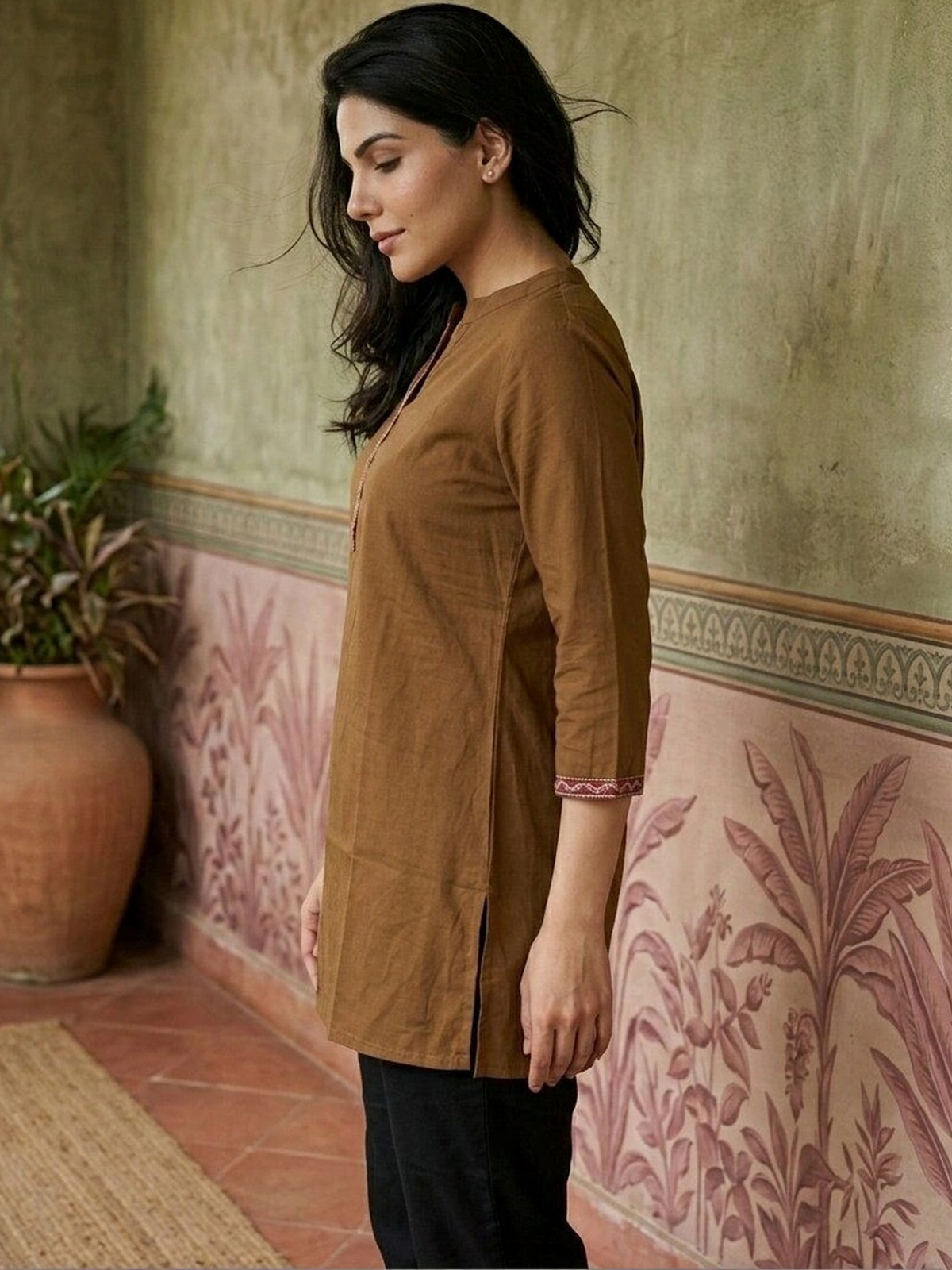 Women’s Brown Embroidered Rayon Kurti AROMIE.STORE
