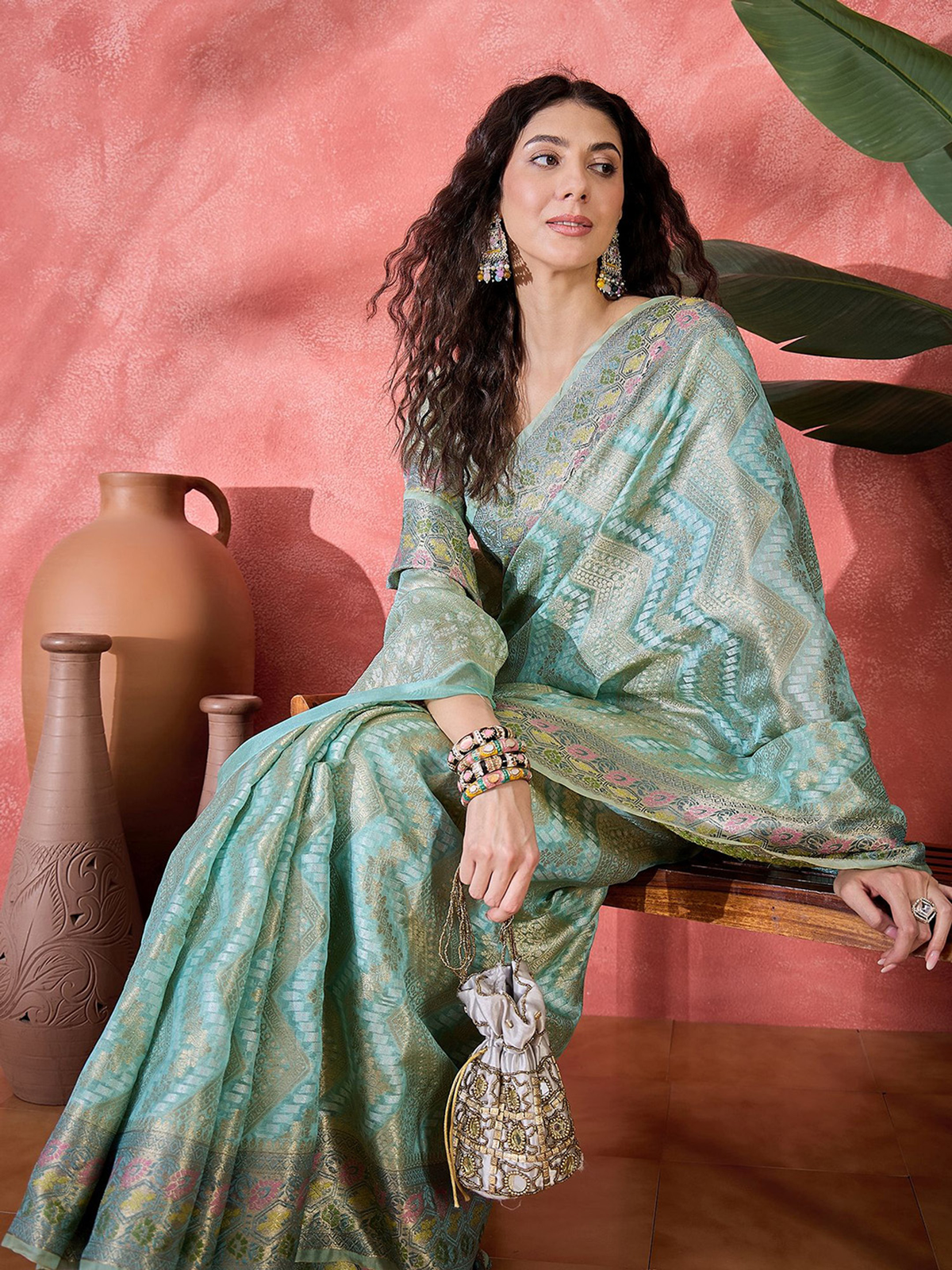 Blue Silk Blend Saree with Ethnic Motif Weave & Zari Detail