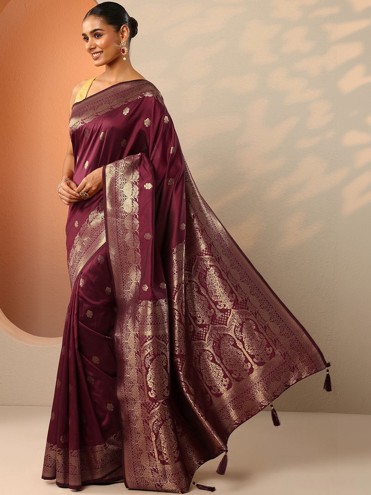 Maroon Banarasi Silk Blend Saree with Woven Ethnic Motifs aromie