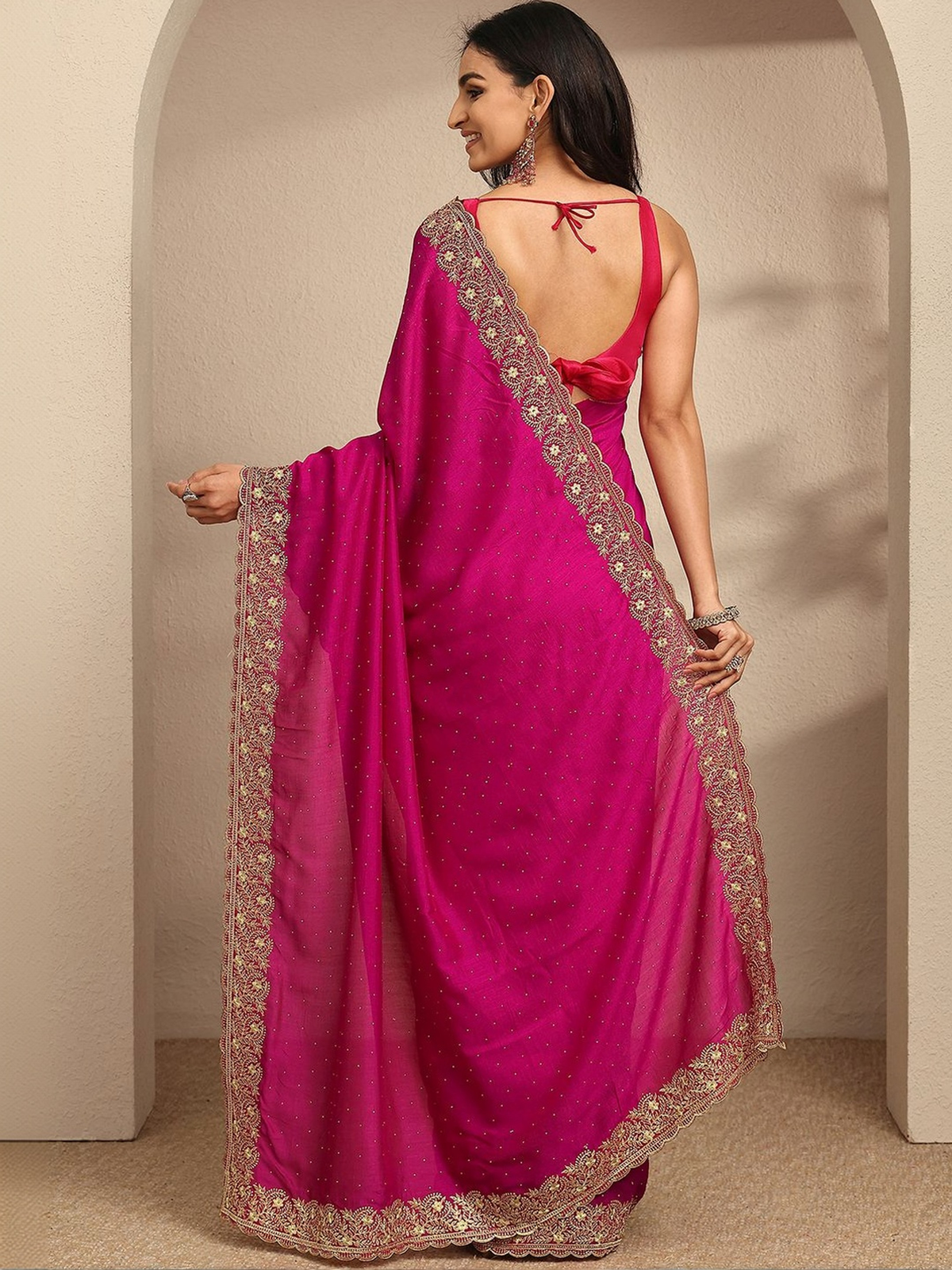 Magenta Silk Blend Saree with Embroidered Border aromie