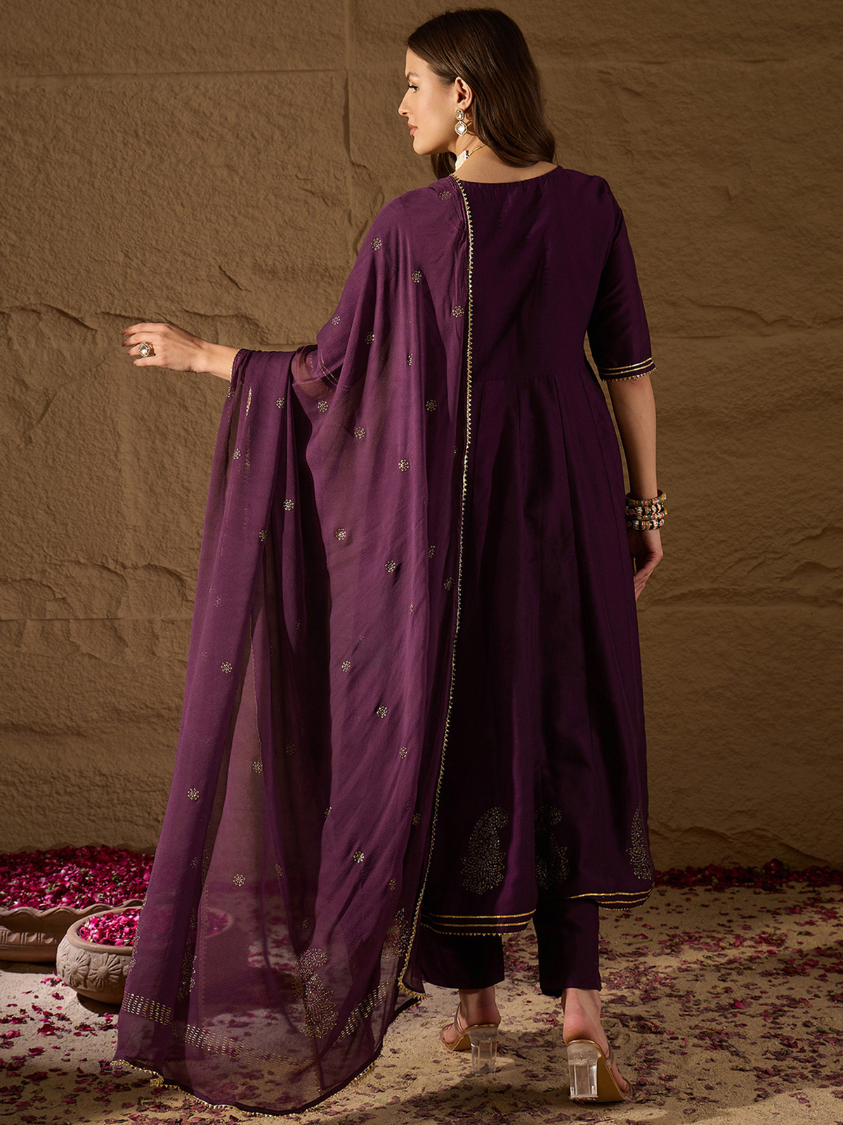 Embroidered Zari Empire Jacquard Kurta With Trouser And Dupatta