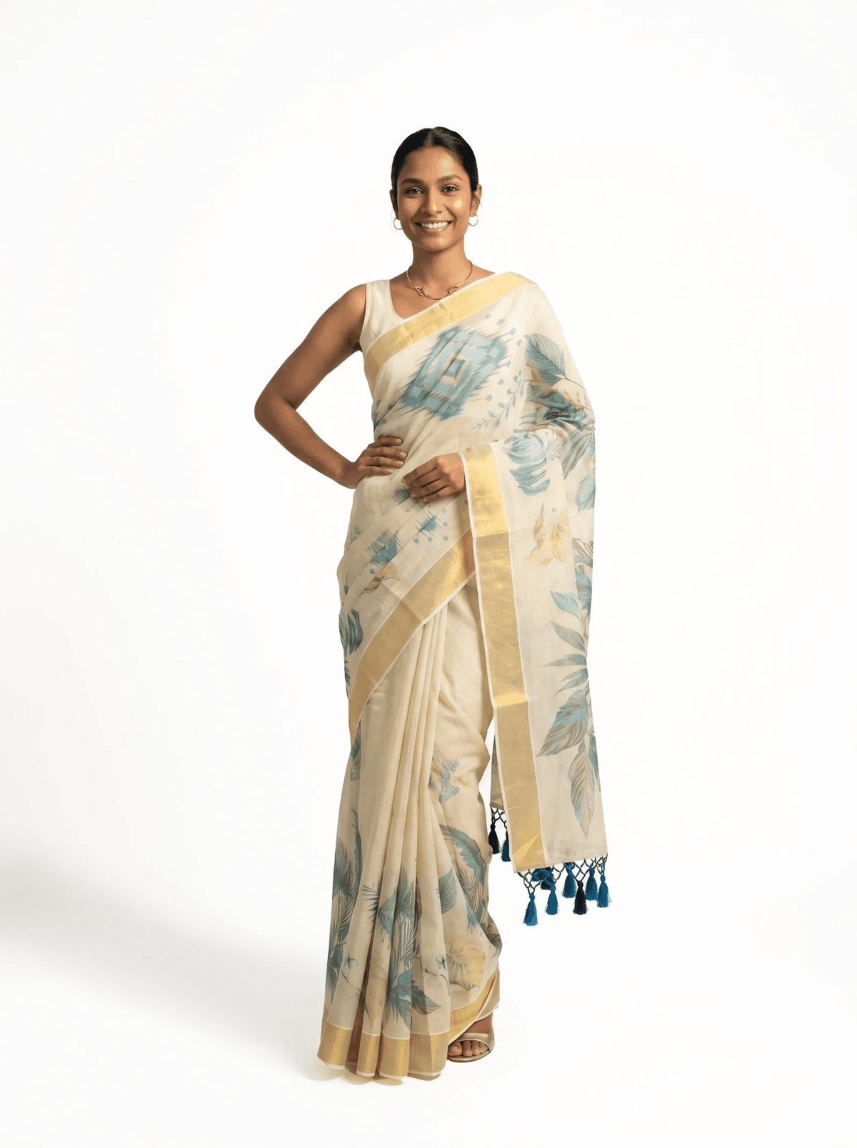 Teal Ikat Diamond Medallion & Tropical Leaf Digital Print, Gold Zari Border & Blue Tassel Pallu