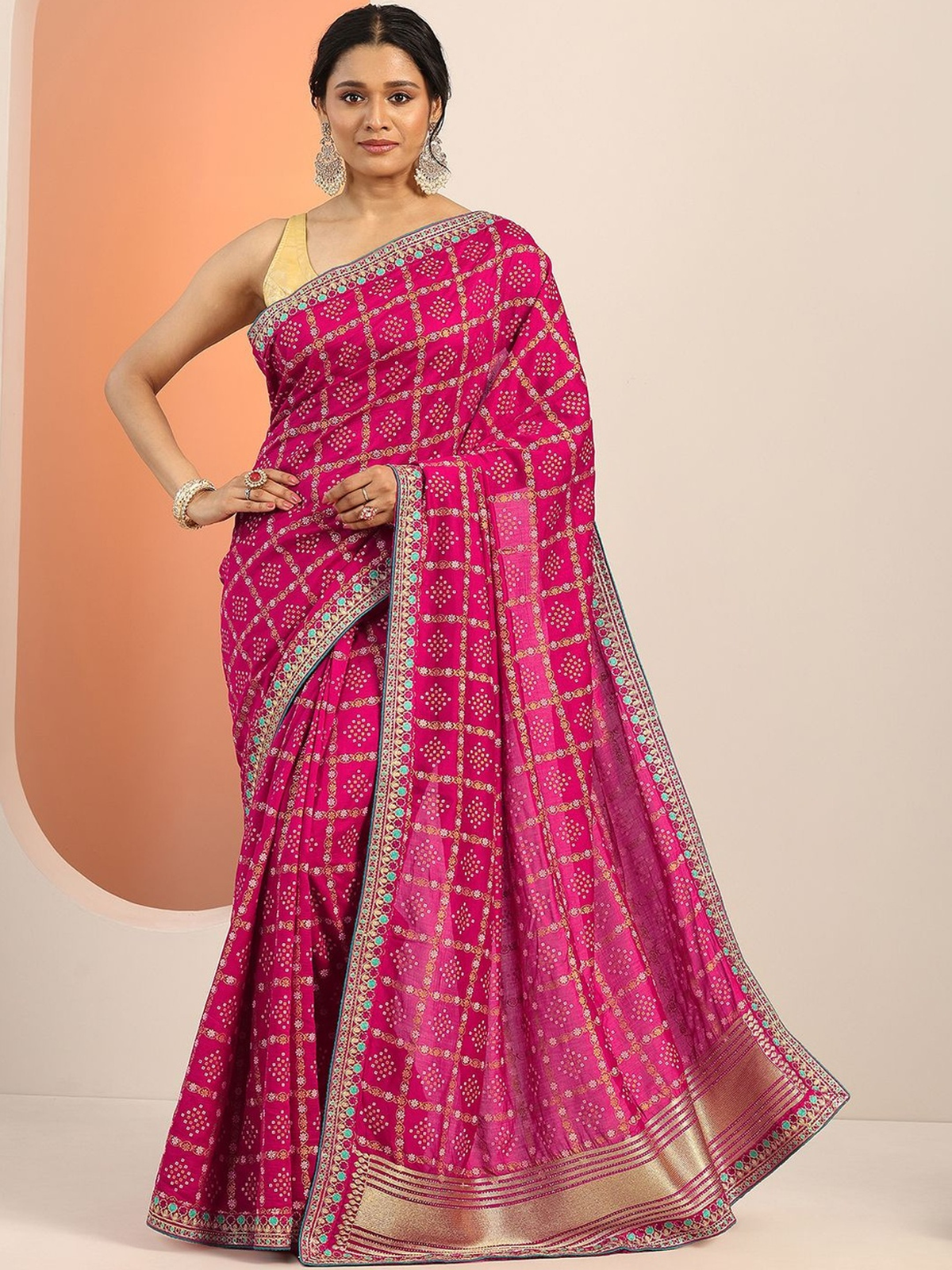 Pink, White & Gold Bandhani Silk Blend Saree with Zari Border