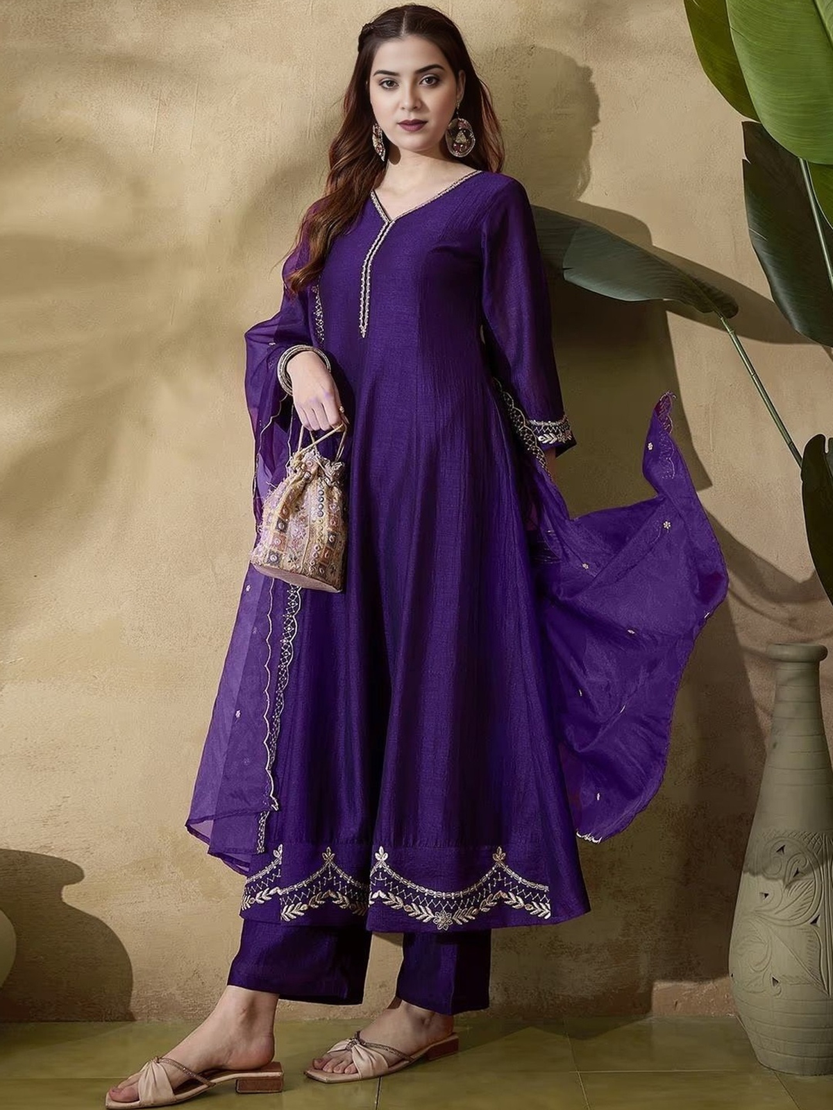 Women Ethnic Motifs Embroidered Panelled Thread Work Kurta with Trousers & With Dupatta