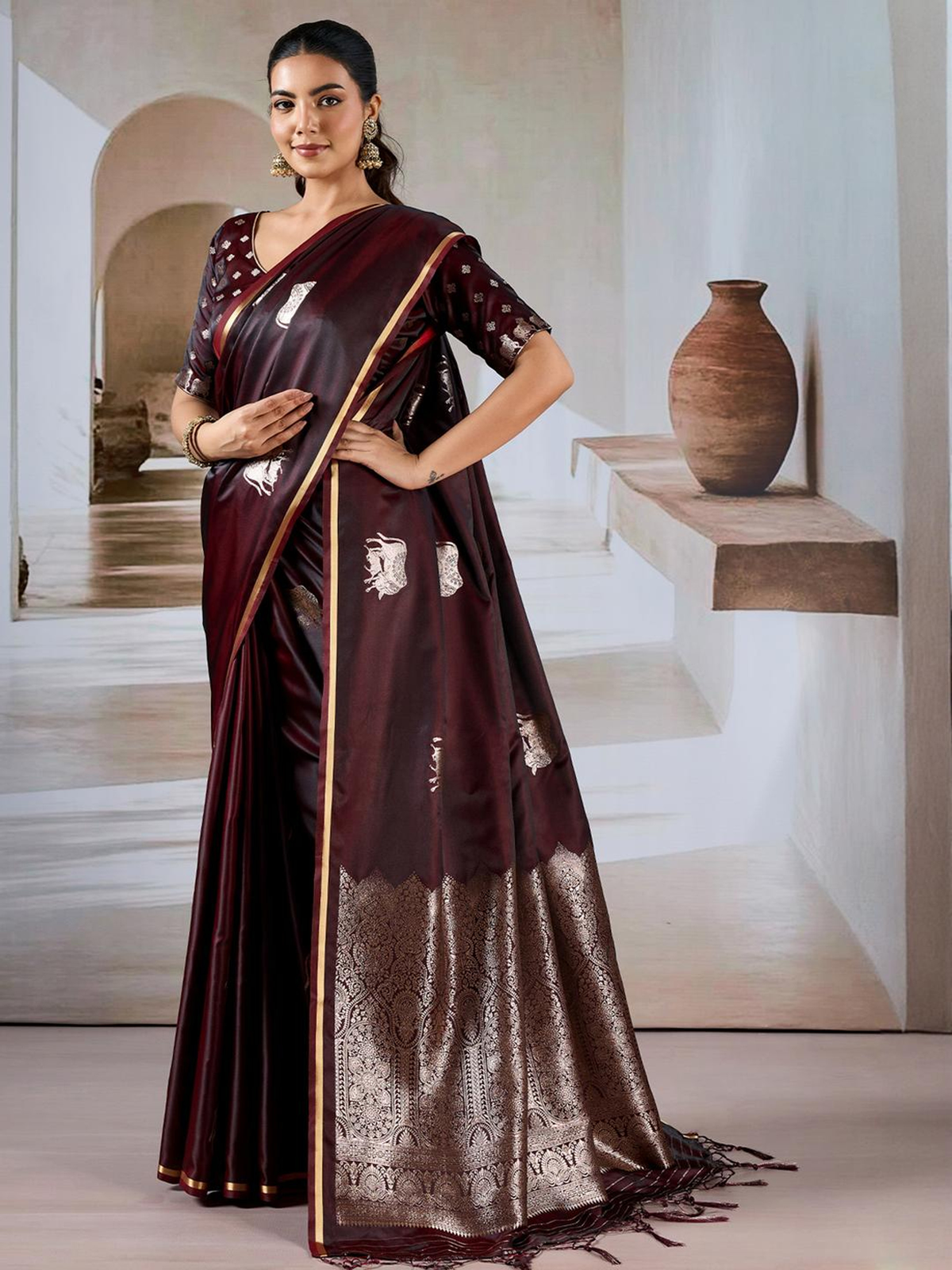 Maroon Banarasi Satin Saree with Ethnic Motif Weave & Zari Border