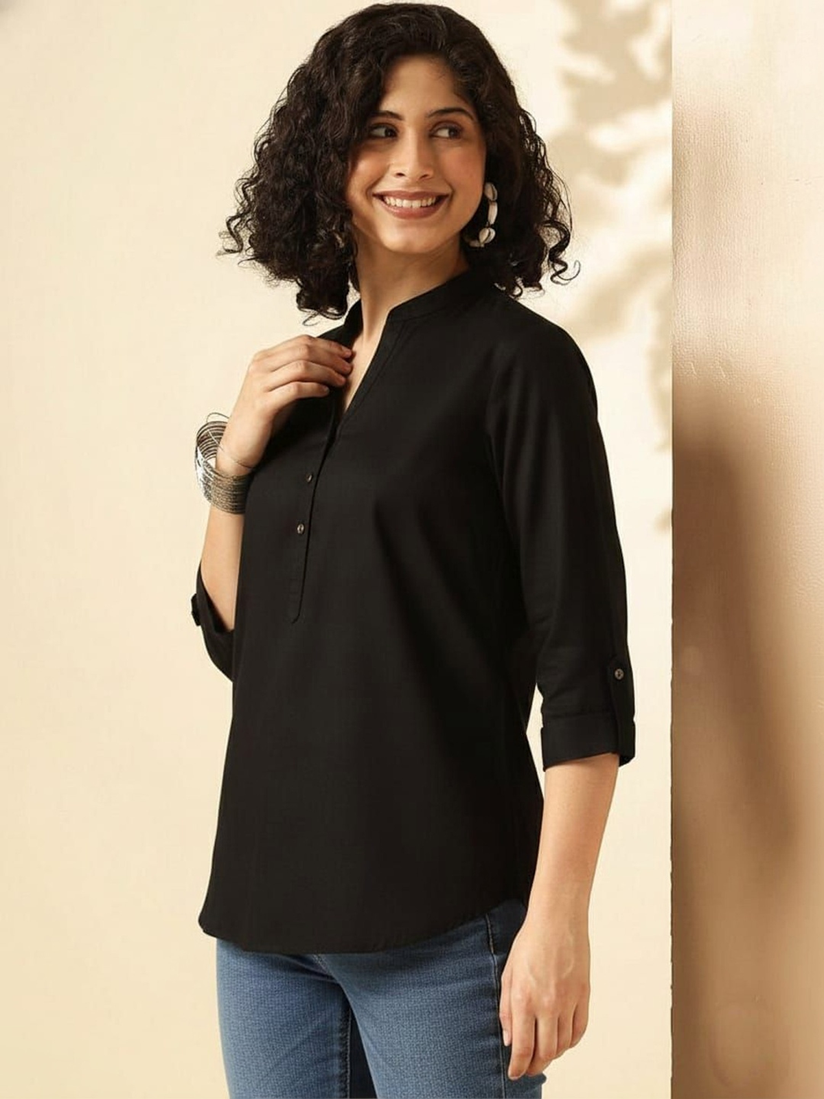 Women’s Black Straight Kurti with Mandarin Collar AROMIE.STORE