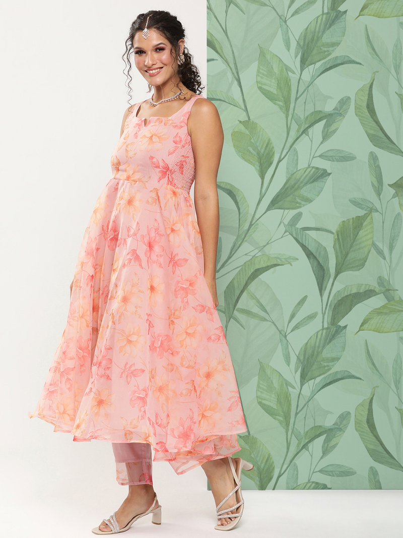 Aromie embroidered cotton kurta set with sleeveless peach floral flared kurta and matching pants