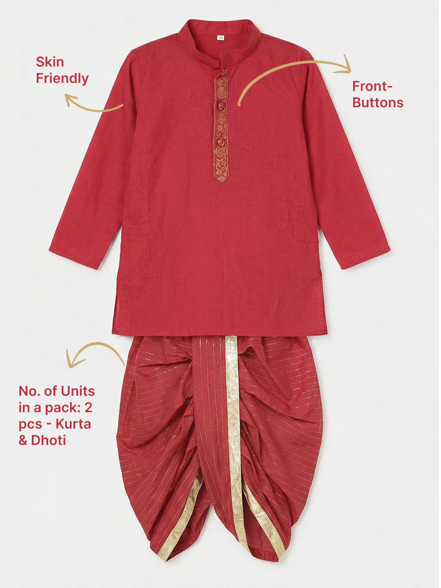 Red Minimal Zari Embroidery Cotton Kurta Dhoti set