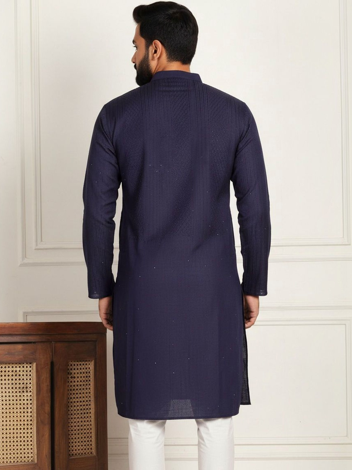 Men’s Navy Blue Textured Pure Cotton Kurta AROMIE | Affordable Indian Clothes & Dresses in Canada